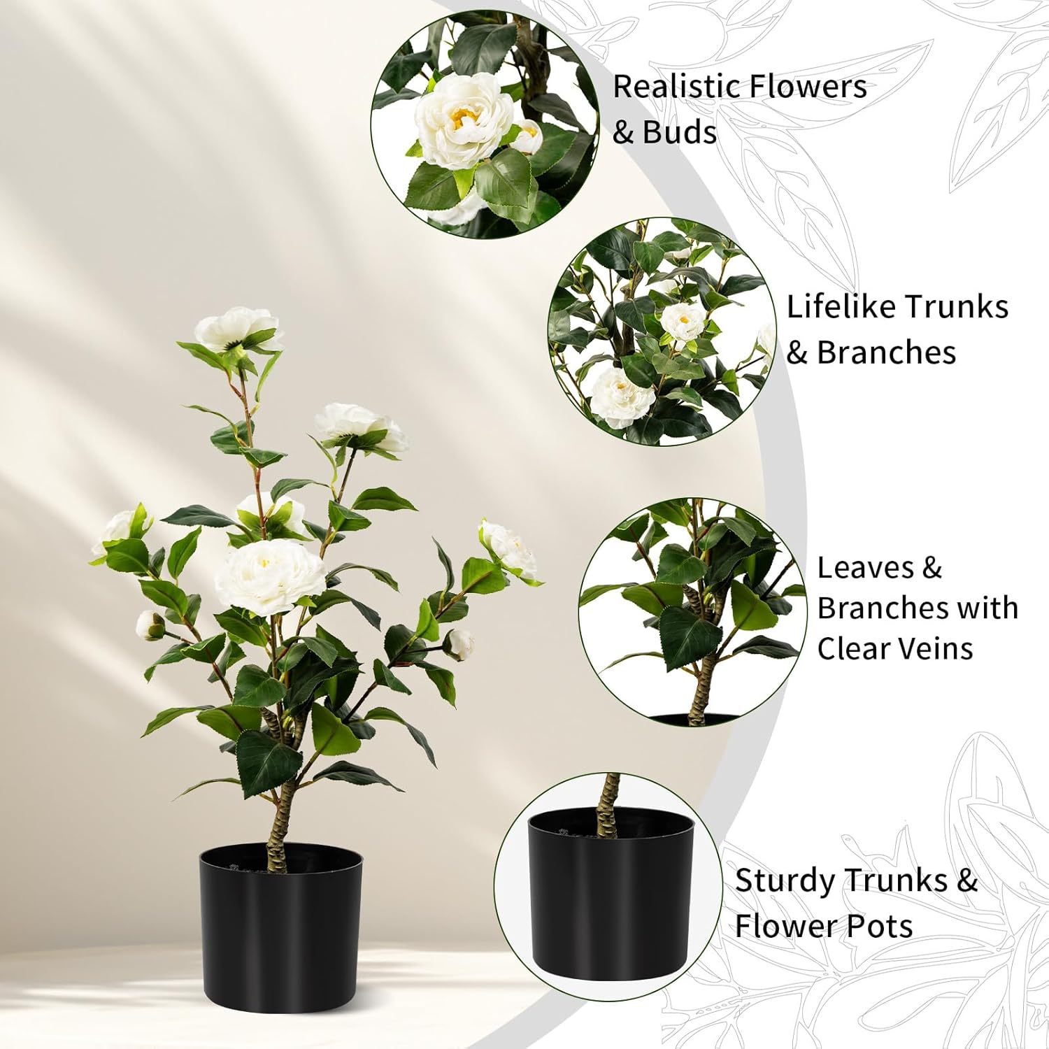 Artificial Camellia Tree 2 Pack White 2FT Cement Pot Decor