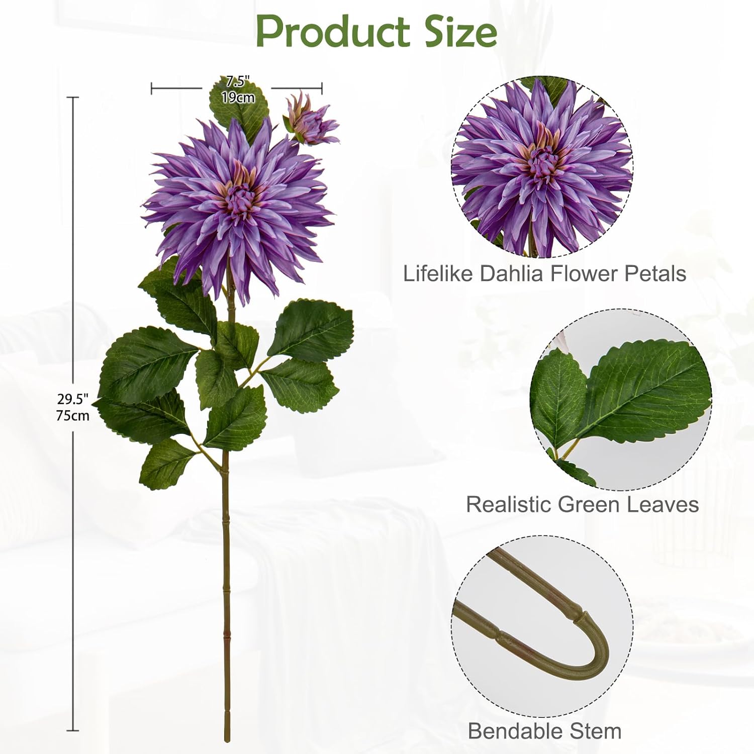3Pcs Purple Artificial Dahlia Flowers 295 Inch Bouquets