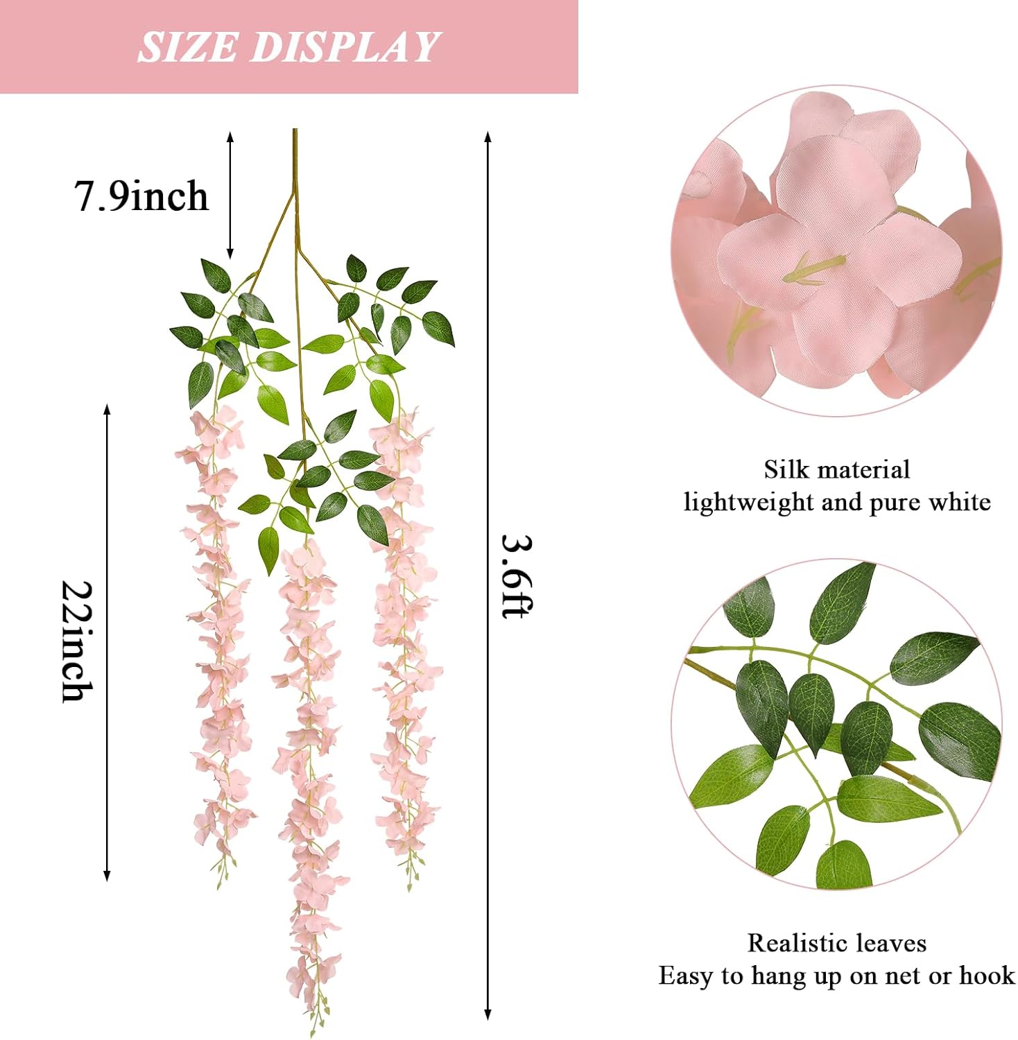 Pauwer Wisteria Hanging Flowers 24 Pack Blush Pink