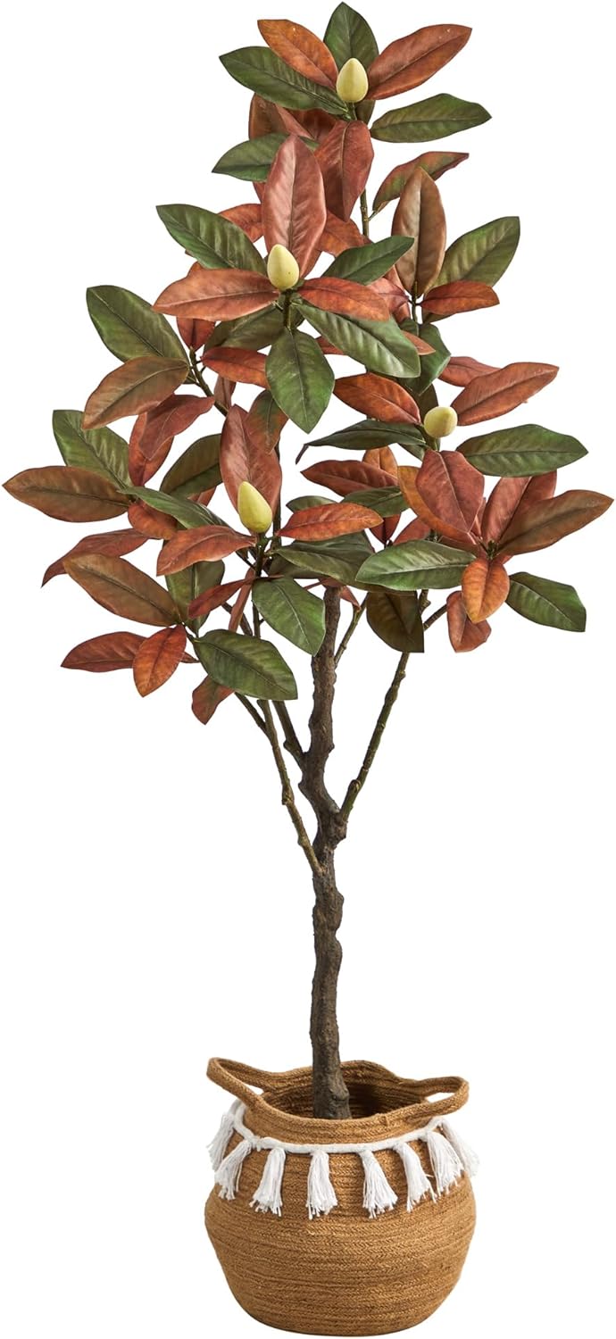 Nearly Natural 5ft Artificial Fall Magnolia Tree with Jute and Cotton Basket