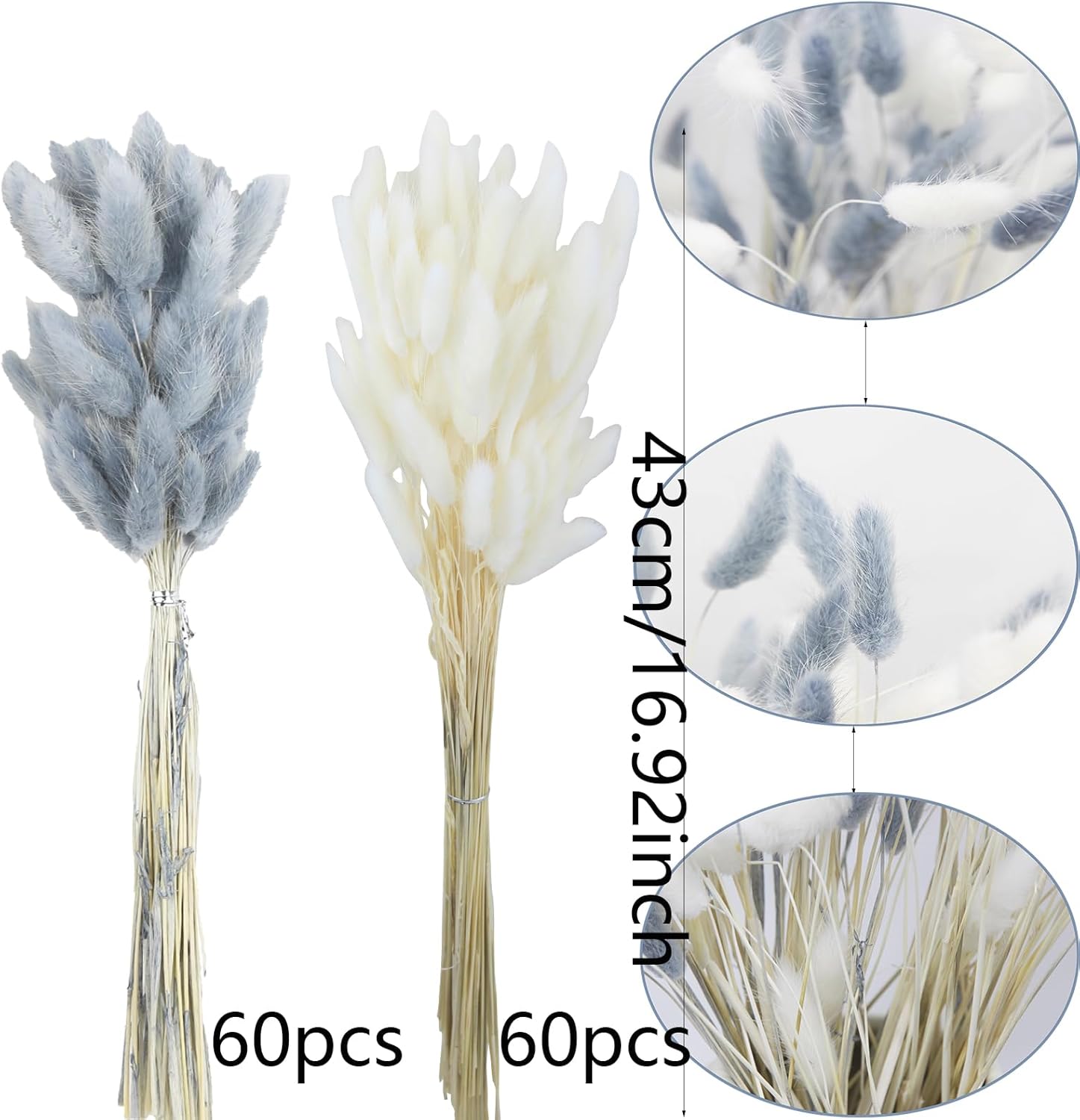 120Pcs Dried Bunny Tails Gray White Pampas Grass Boho Decor