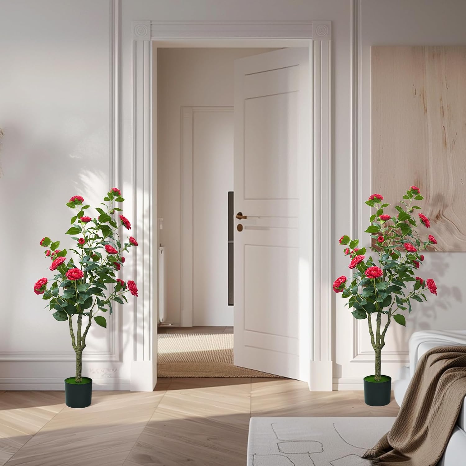 4ft Artificial Camellia Tree with White Silk Flowers - Set of 2