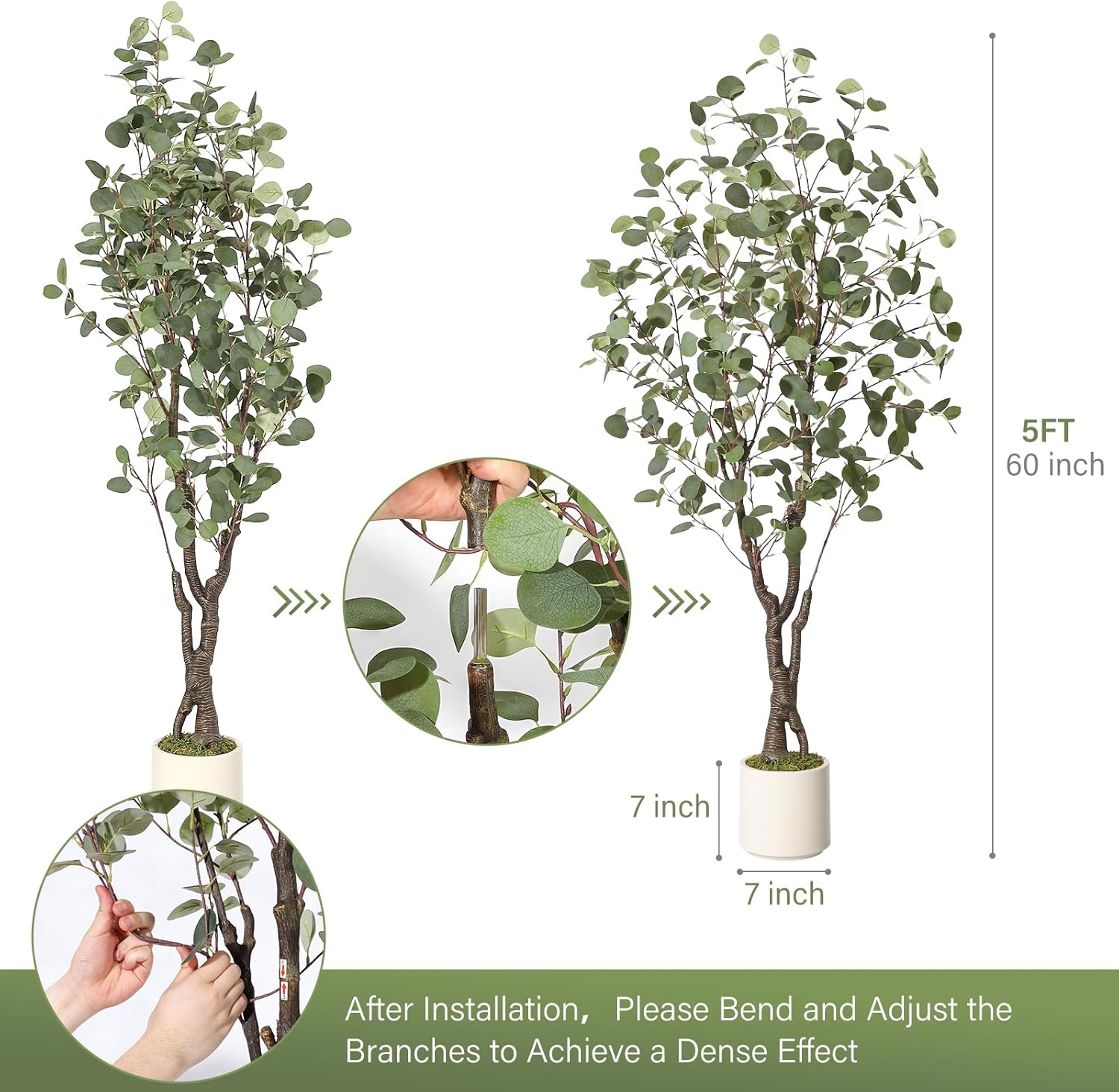 GarveeHome 5ft Artificial Eucalyptus Tree with White Planter and 50 LED Lights