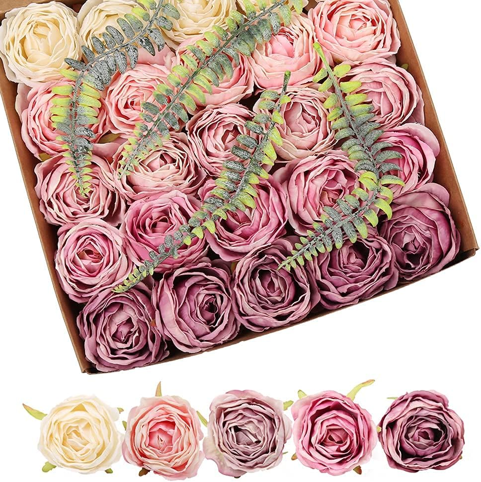 IPOPU Purple and Light Pink Dried Silk Roses 25PCS
