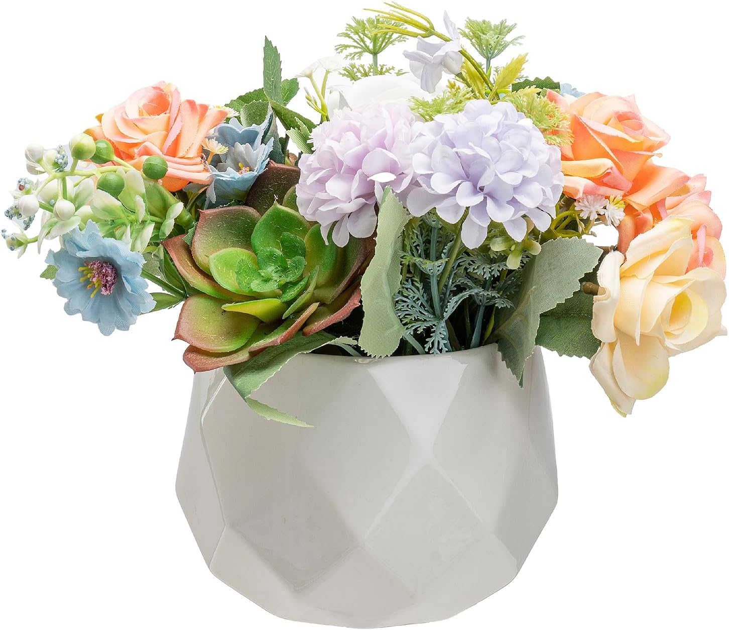 MyGift Artificial Pastel Rose with Succulent in White Ceramic Pot