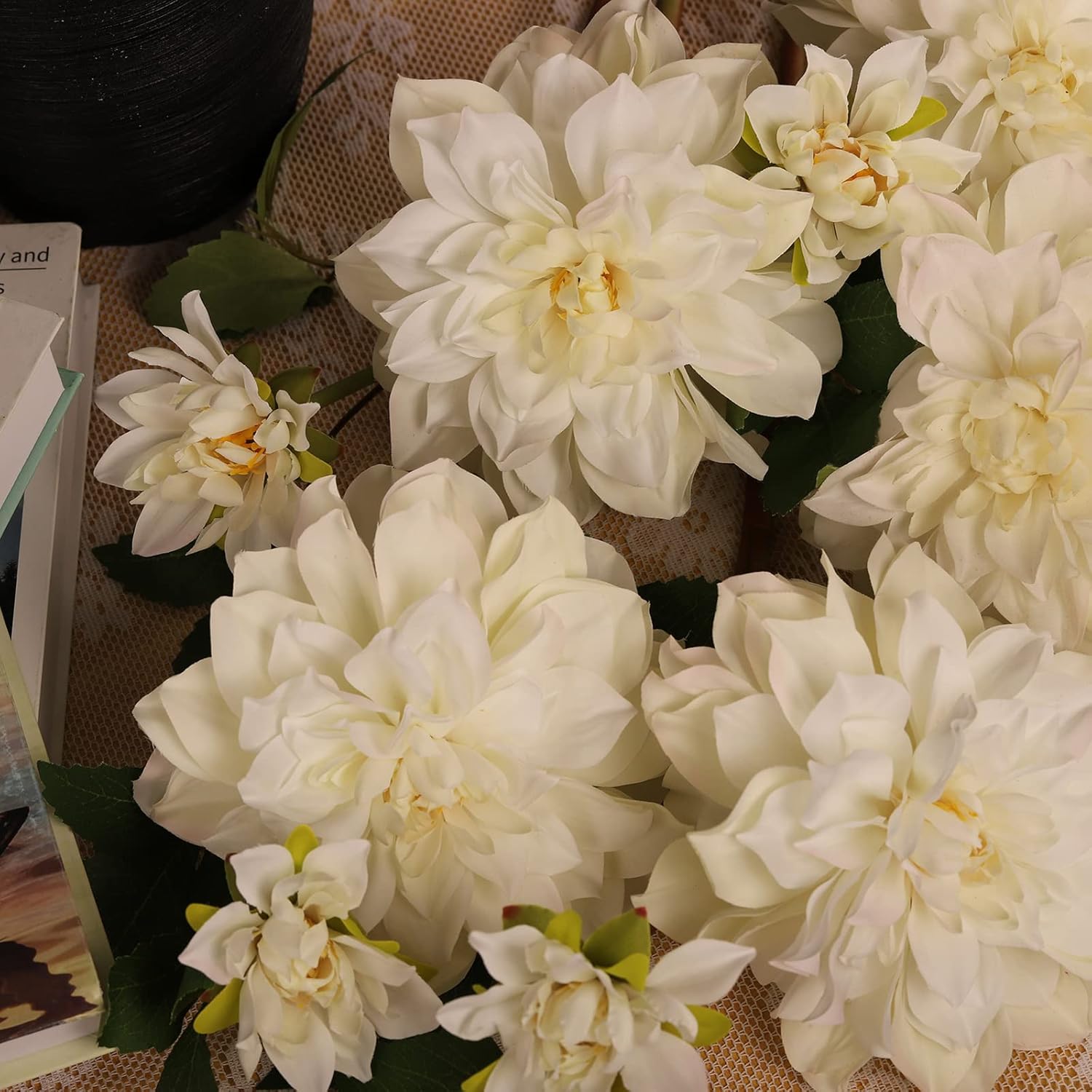 White Dahlia Artificial Flowers 24in Long Stem 5 Pcs