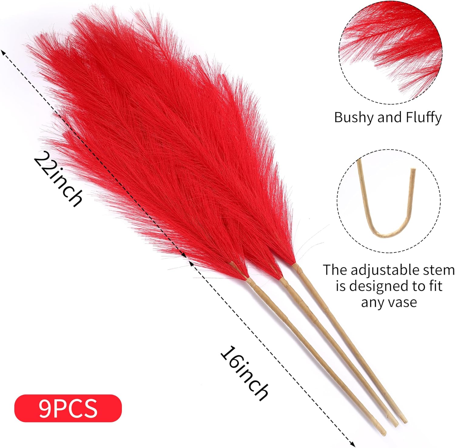 9 Stems Red Pampas Grass - 38 Inch Tall Artificial Decor