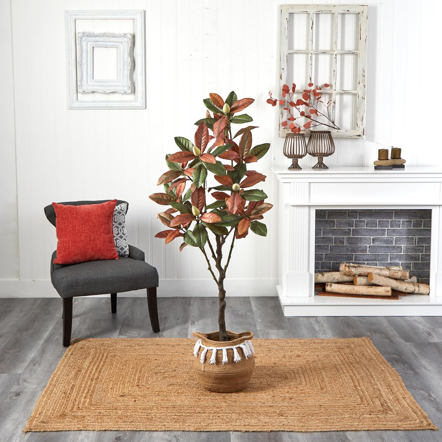 Nearly Natural 5ft Artificial Fall Magnolia Tree with Jute and Cotton Basket