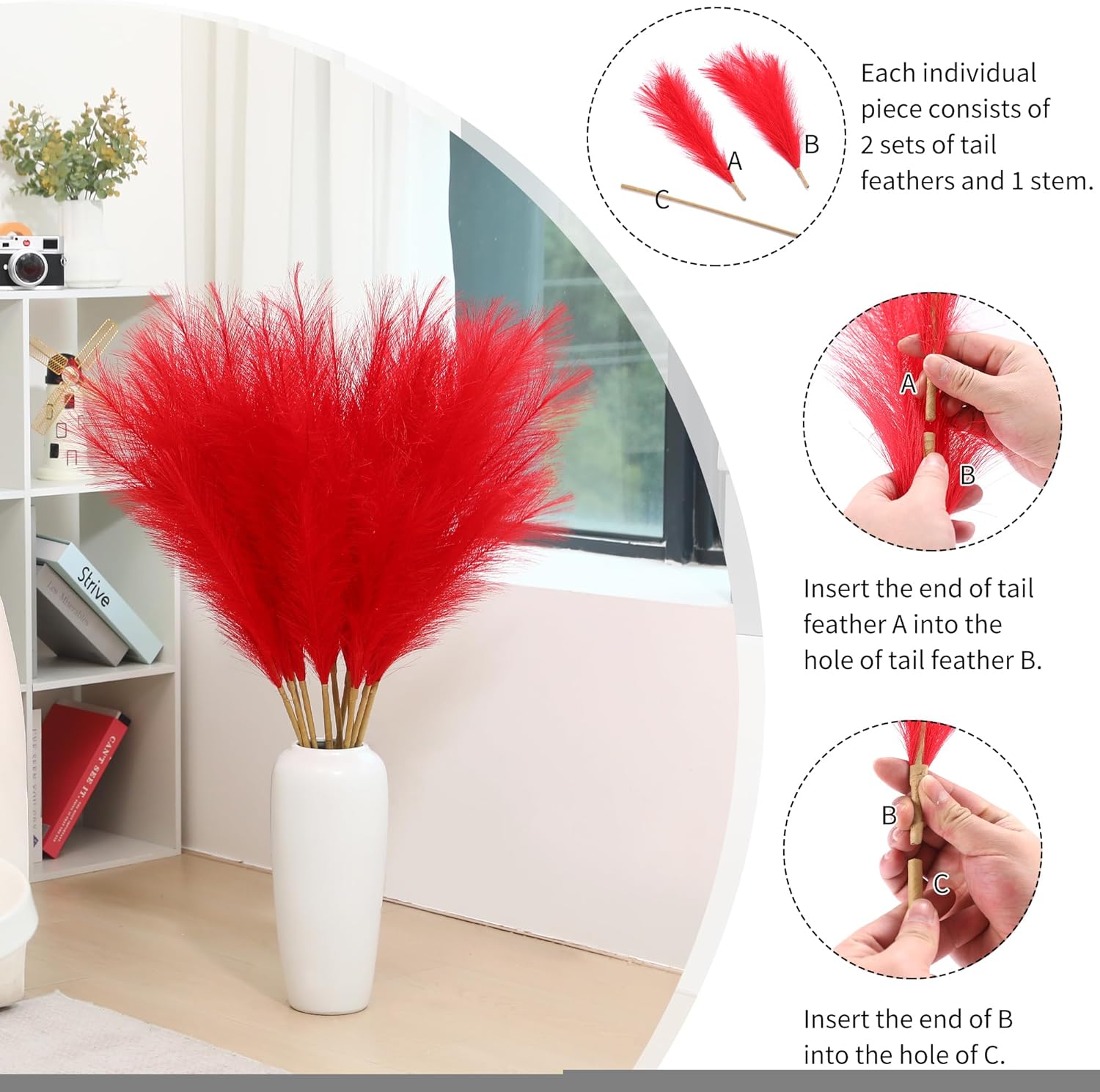 9 Stems Red Pampas Grass - 38 Inch Tall Artificial Decor