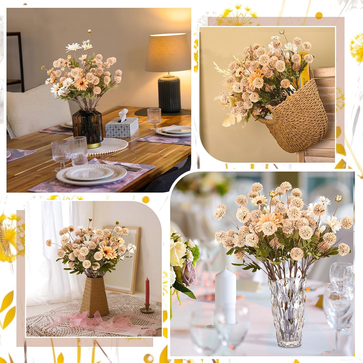 16 Pcs Realistic Dandelion and Chrysanthemum Stems for Wedding Centerpieces