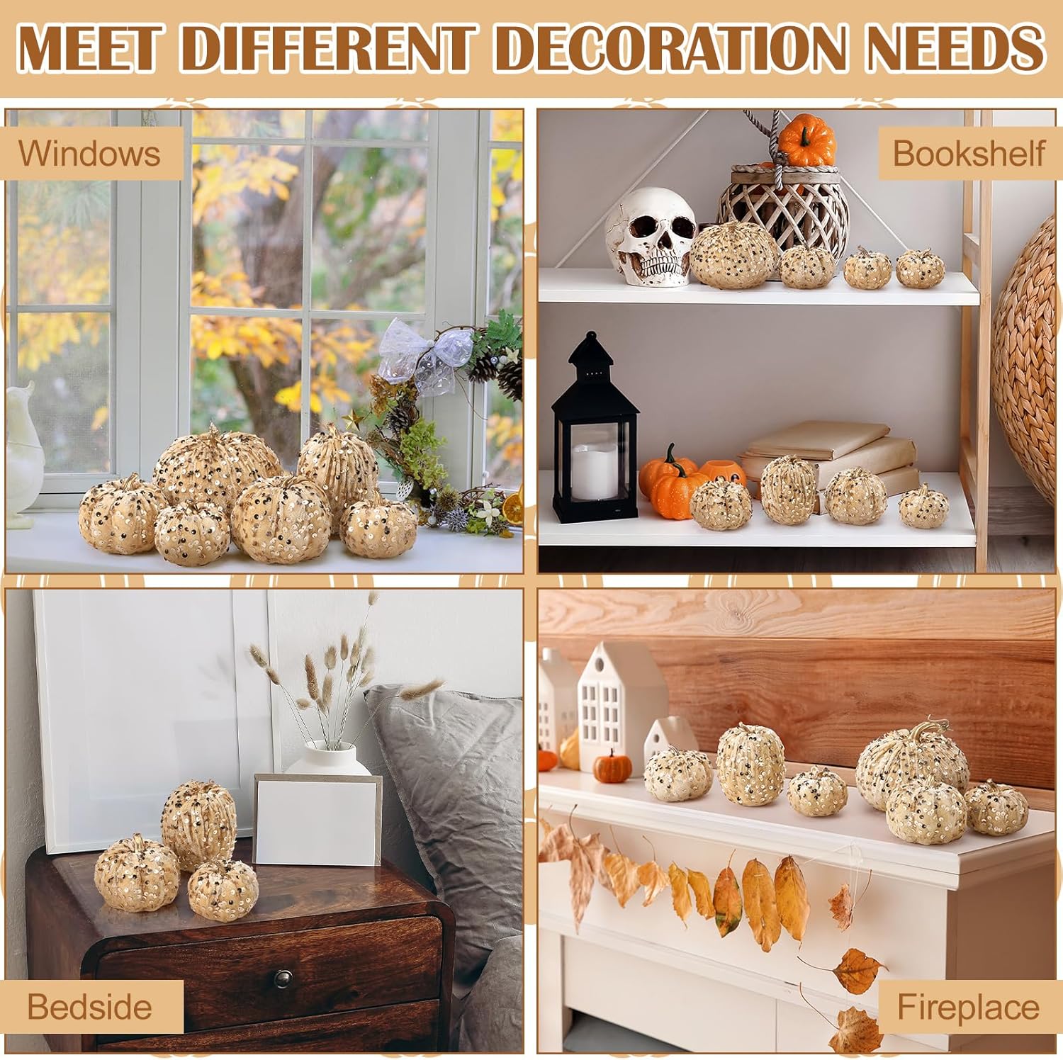 Beeveer 8 Pcs Glitter Velvet Pumpkin Decor Set