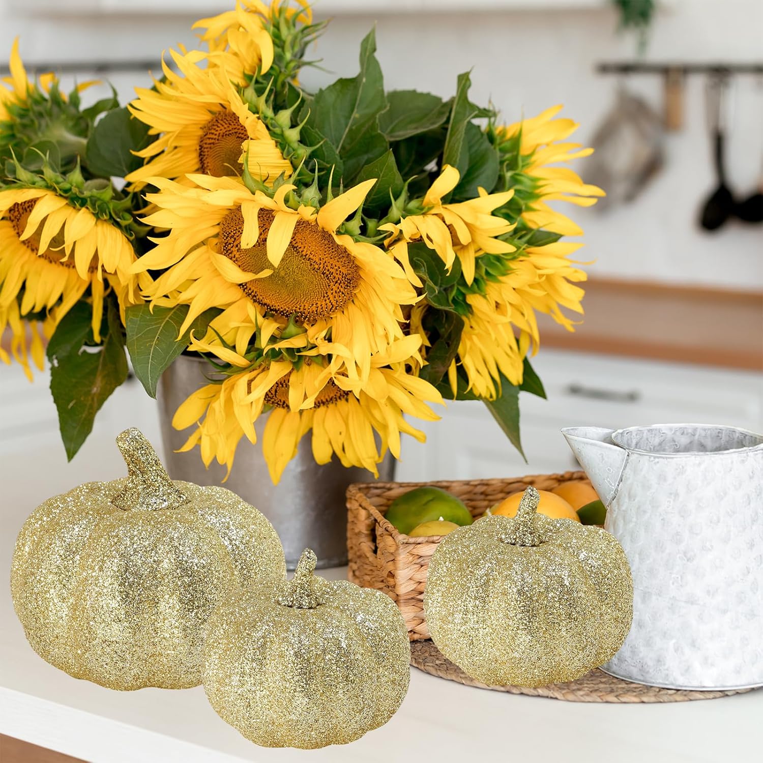 Winlyn 12 Pcs Champagne Glitter Artificial Pumpkins Fall Decor