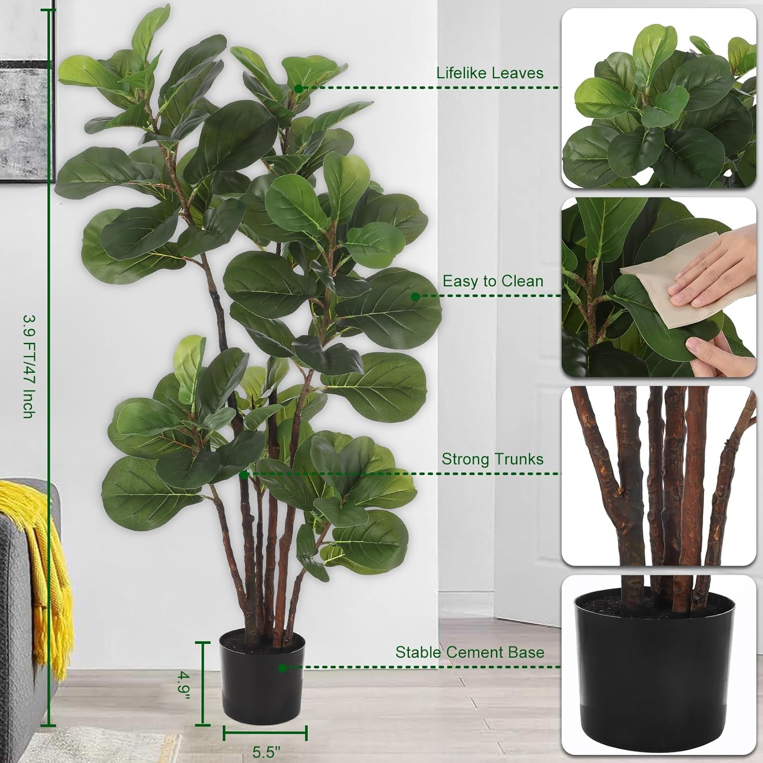 GAOMON Artificial Fiddle Leaf Fig Tree 4 Ft with 72 Leaves