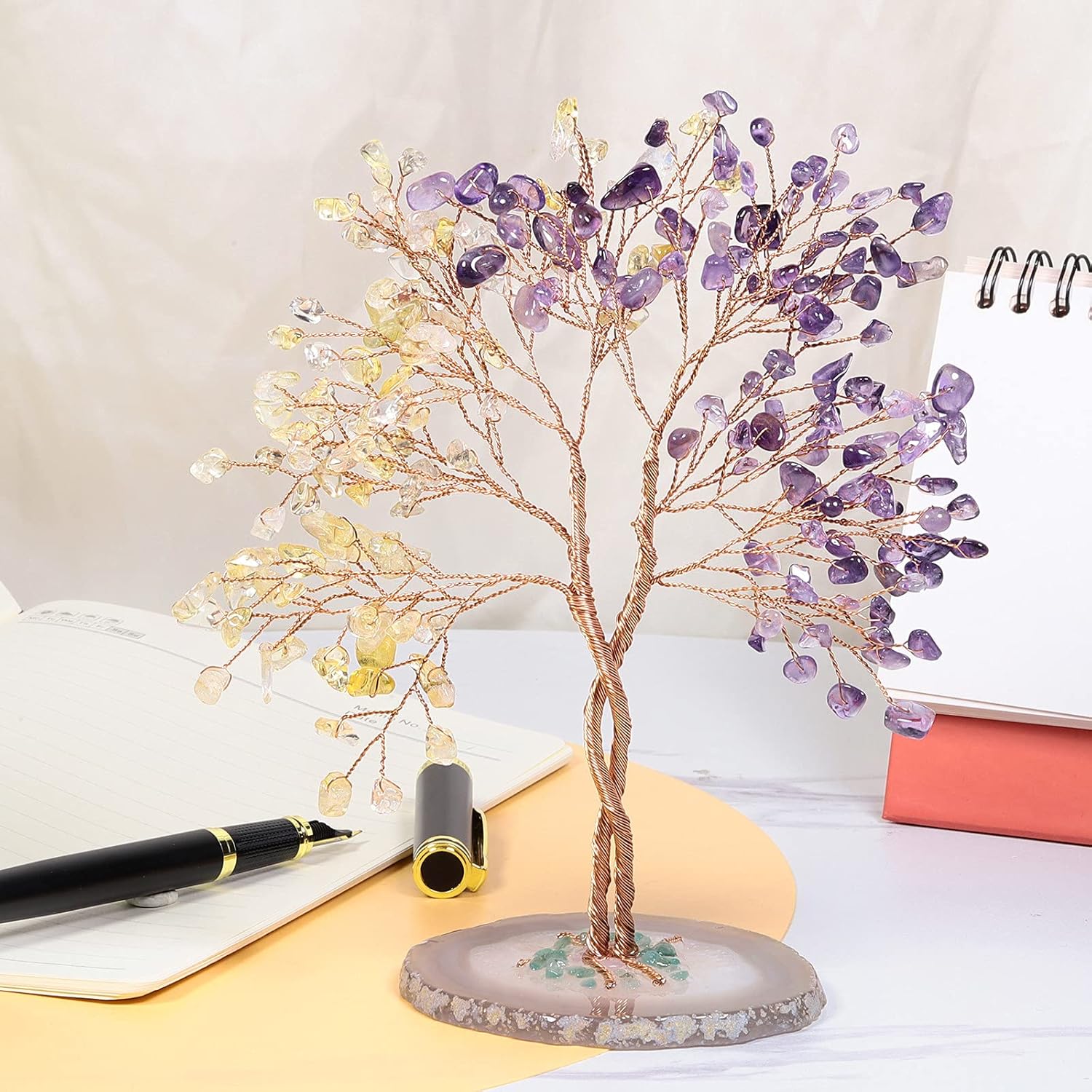 Handmade Citrine Amethyst Crystal Tree with Agate Base for Wealth and Luck