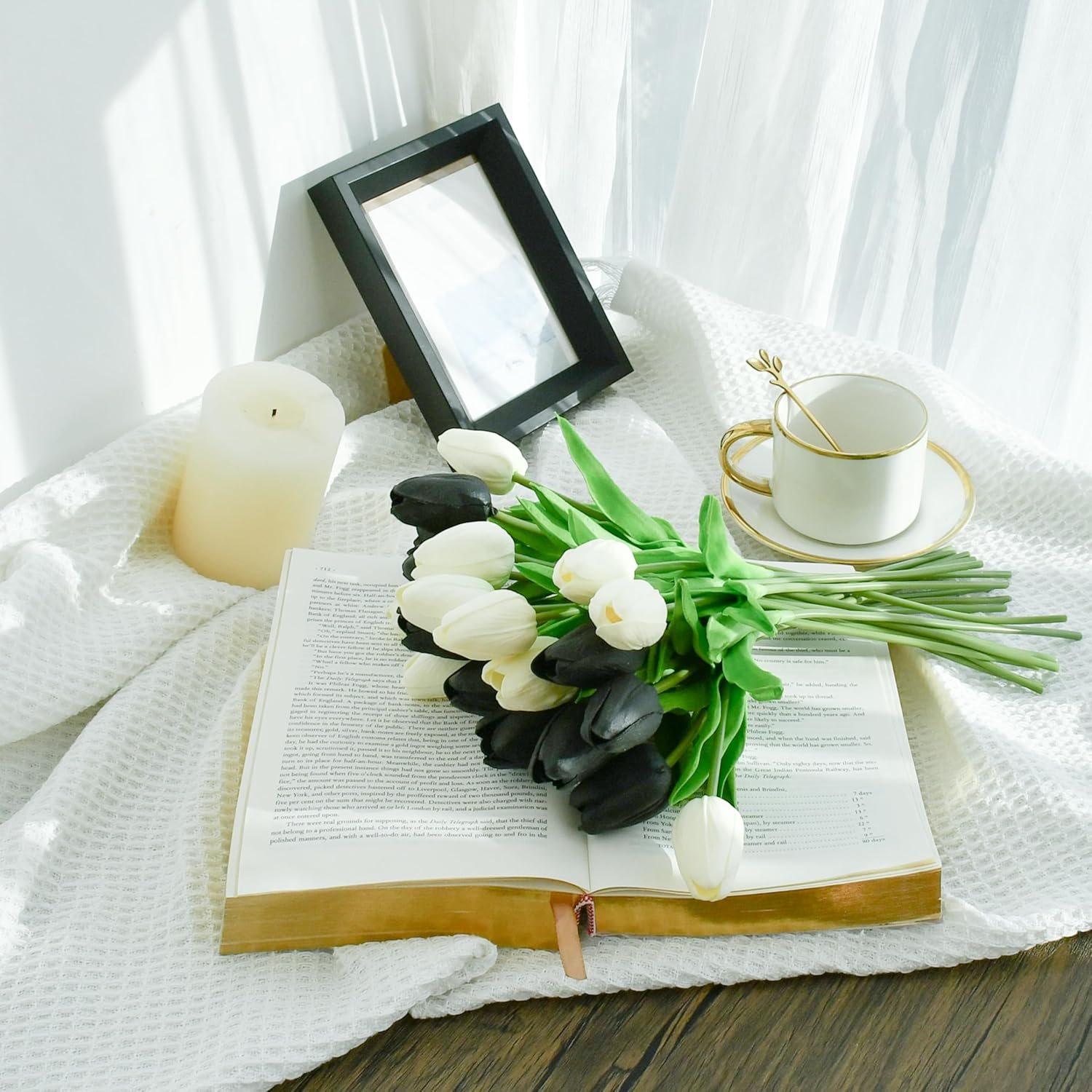 Mandys Artificial Tulips 20 Stems 135 Inch Black and White Faux Flowers
