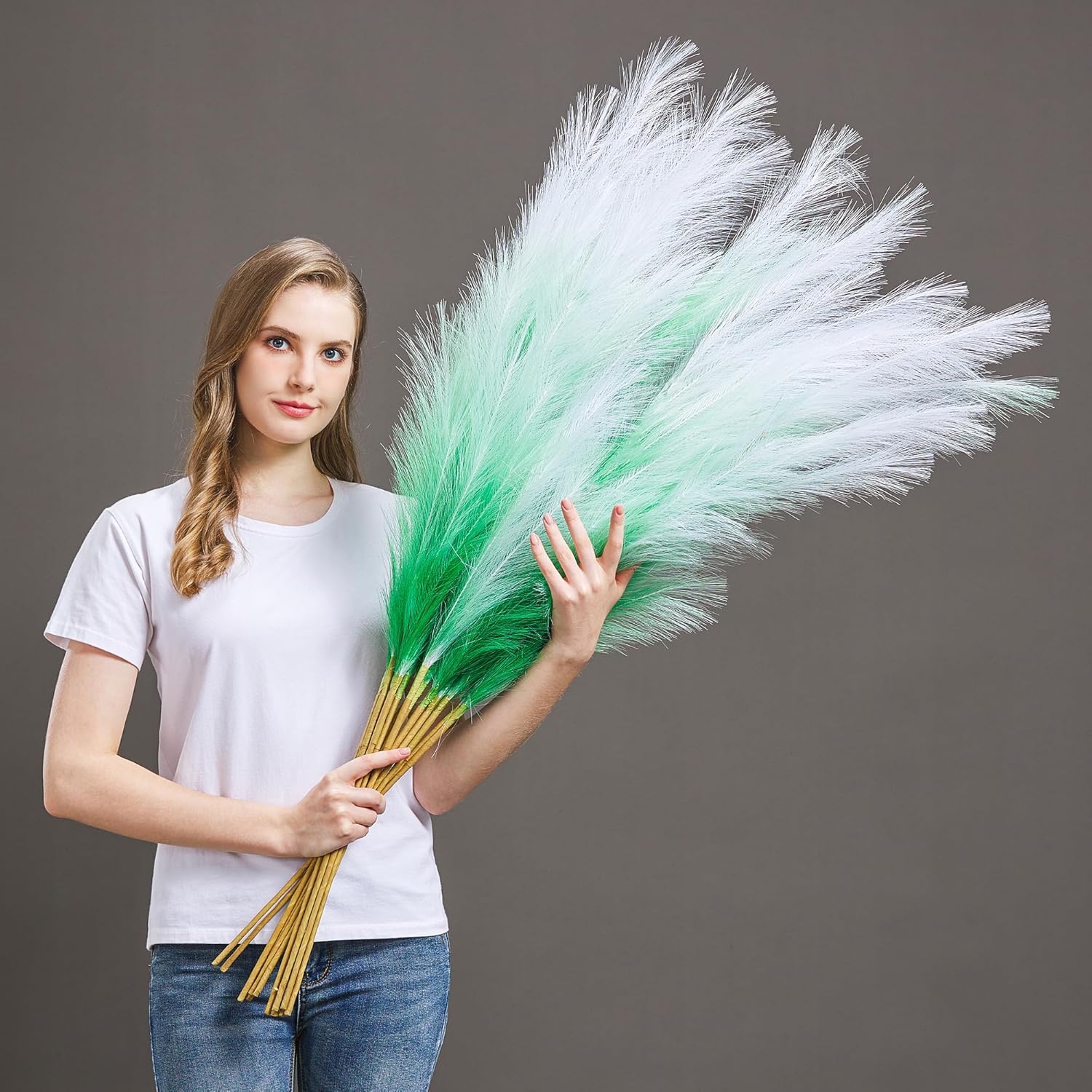 7 Pcs 45 In Faux Pampas Grass Green Gradient
