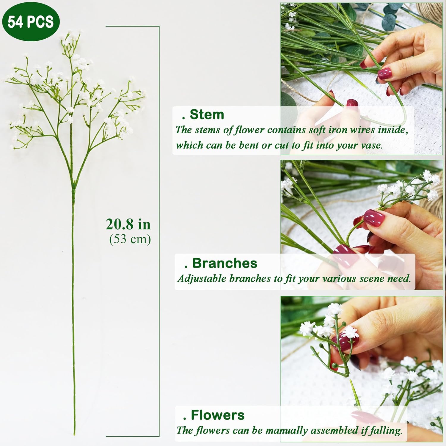 54PCS Long Artificial Babys Breath Flowers for Decorations