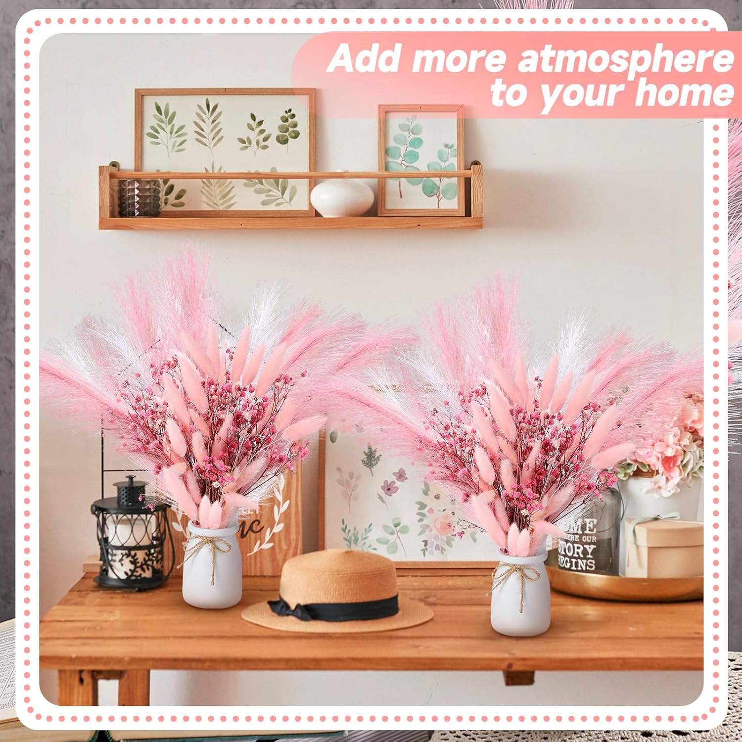 Geelin 2 Set Pink Flowers Artificial Faux Pampas Grass Bouquets with White Vase