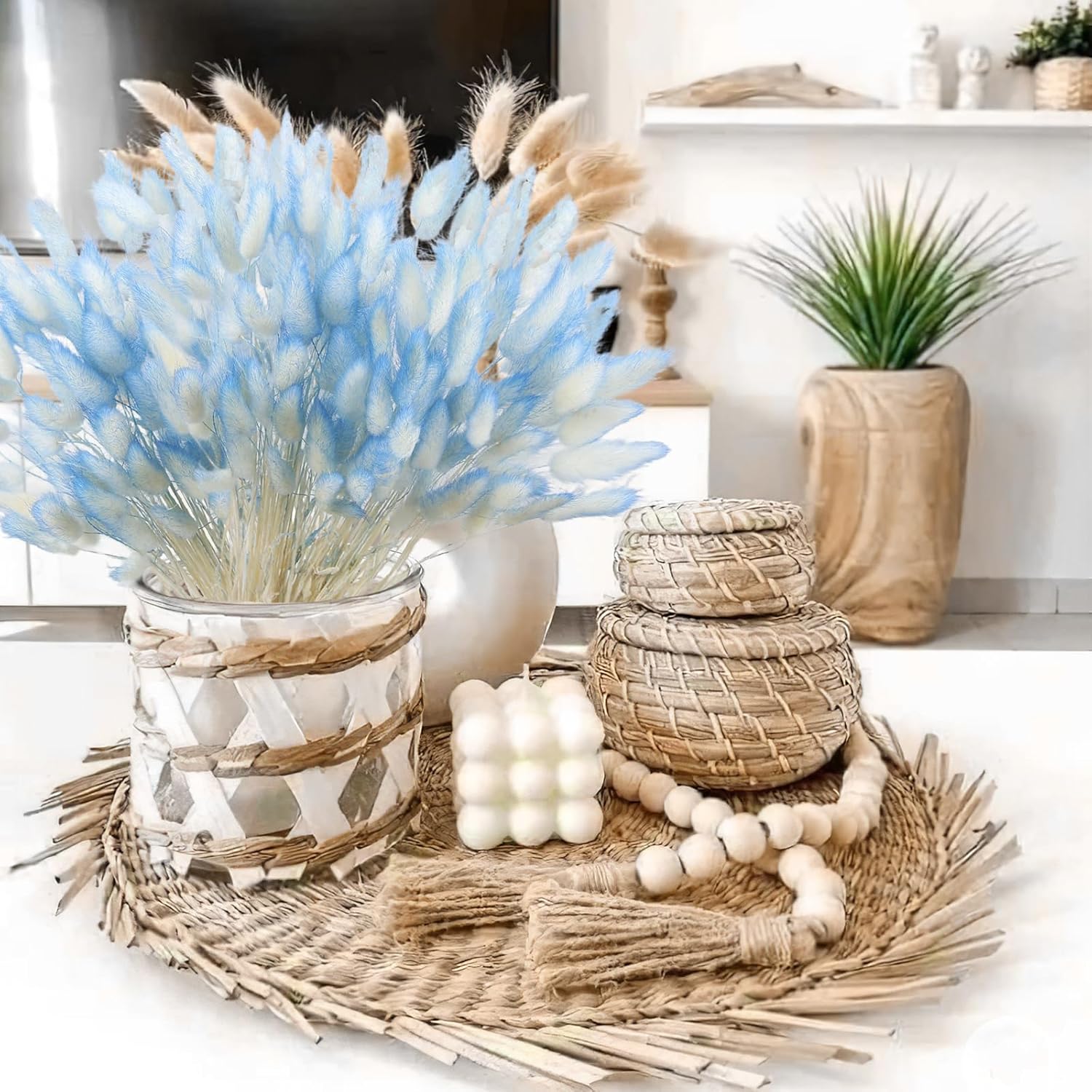 120 Pcs Blue Dried Bunny Tails for Boho Decor