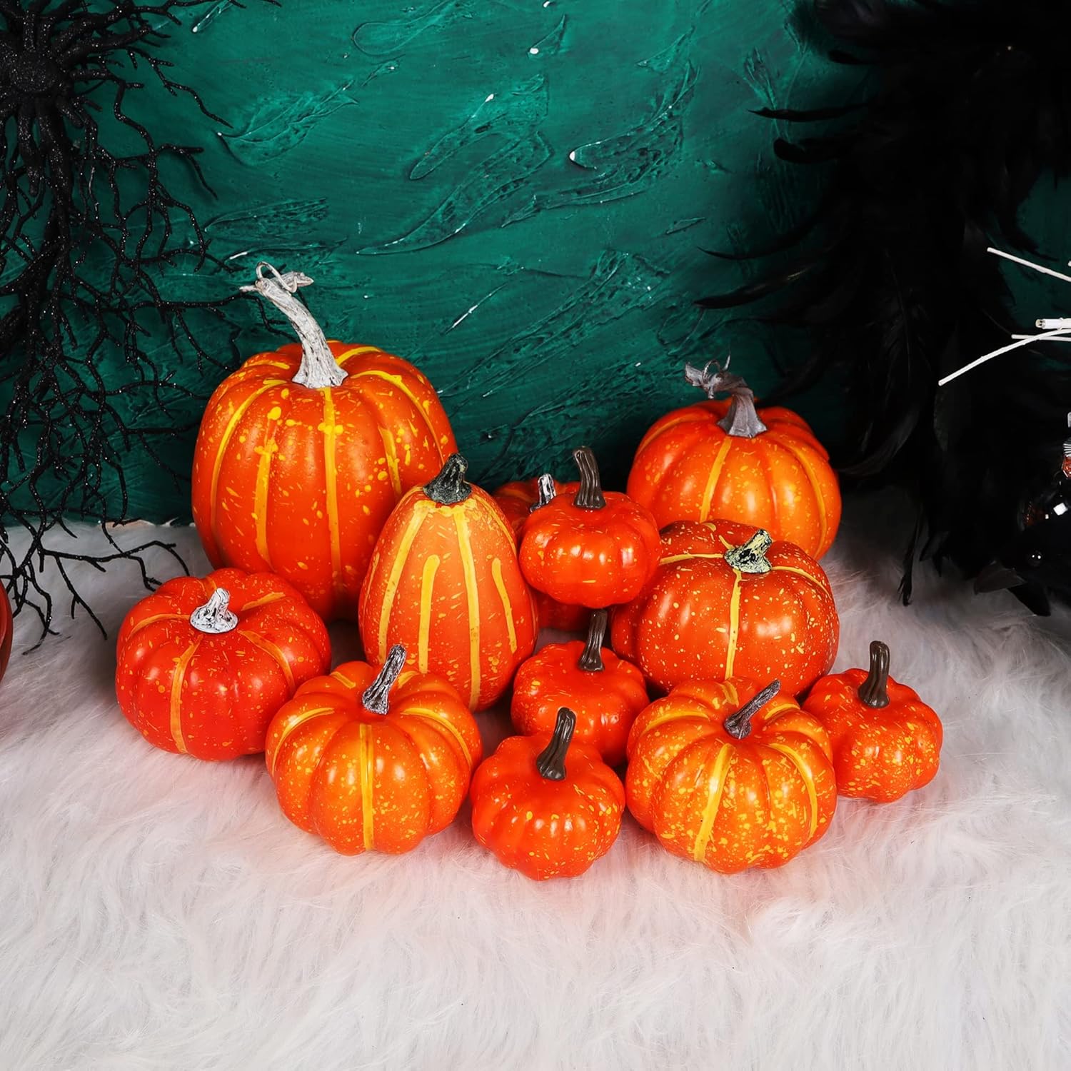 Winemana 12 Pcs Artificial Orange Pumpkins Fall Halloween Decor
