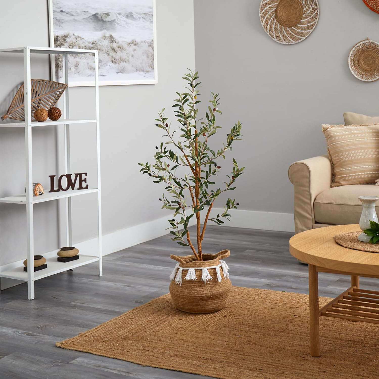 Nearly Natural 35ft Artificial Olive Tree with Jute Cotton Basket and Tassels