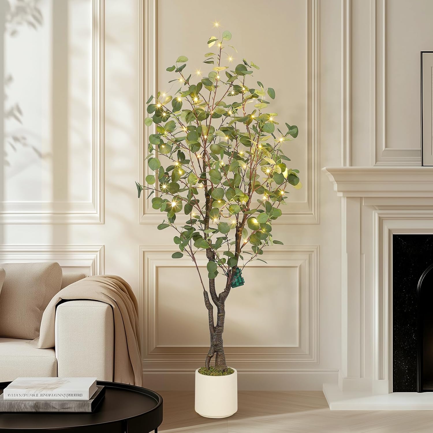 GarveeHome 5ft Artificial Eucalyptus Tree with White Planter and 50 LED Lights