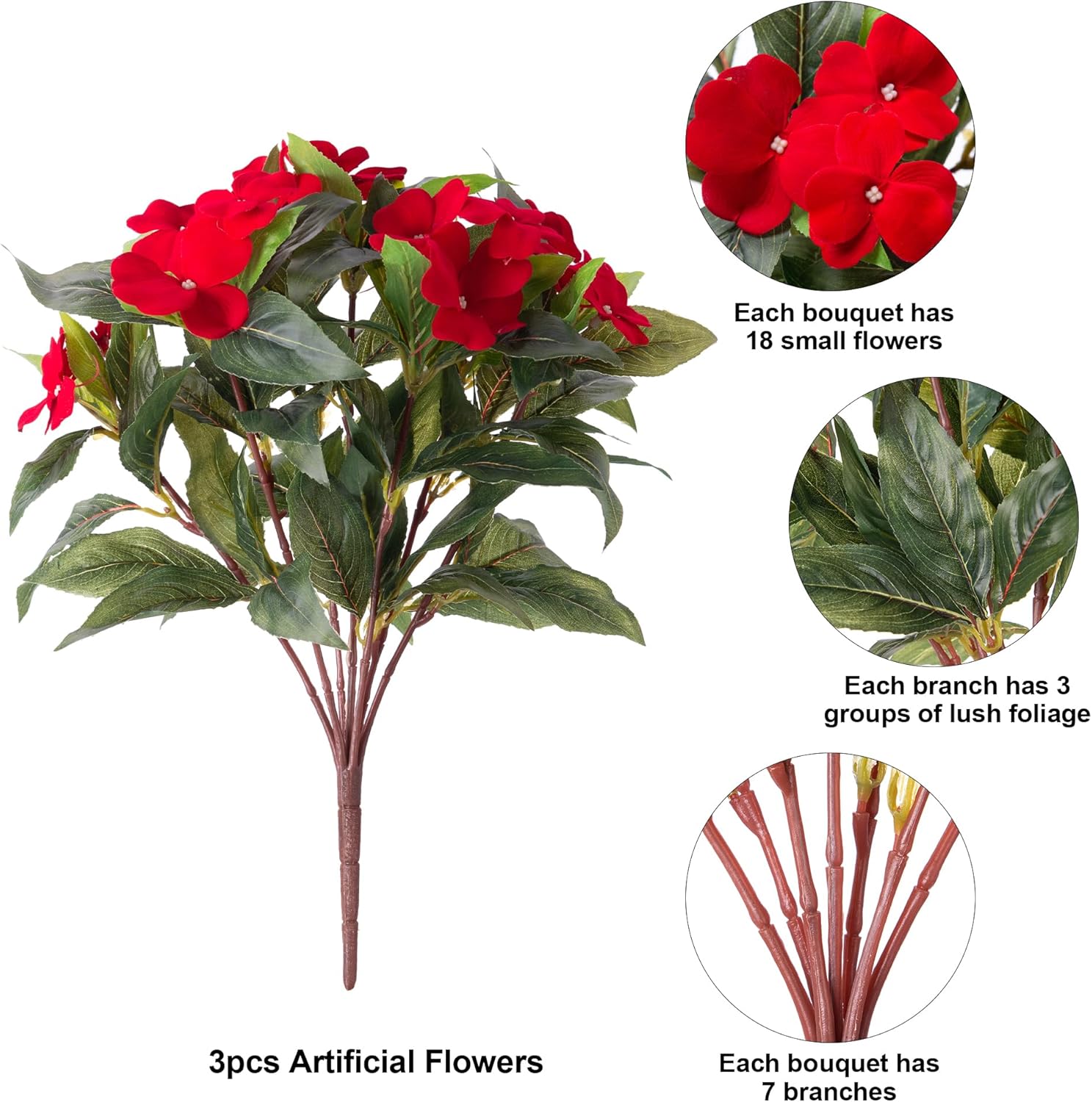 HyeFlora Artificial Impatiens Flowers 3PCS Outdoor Decor