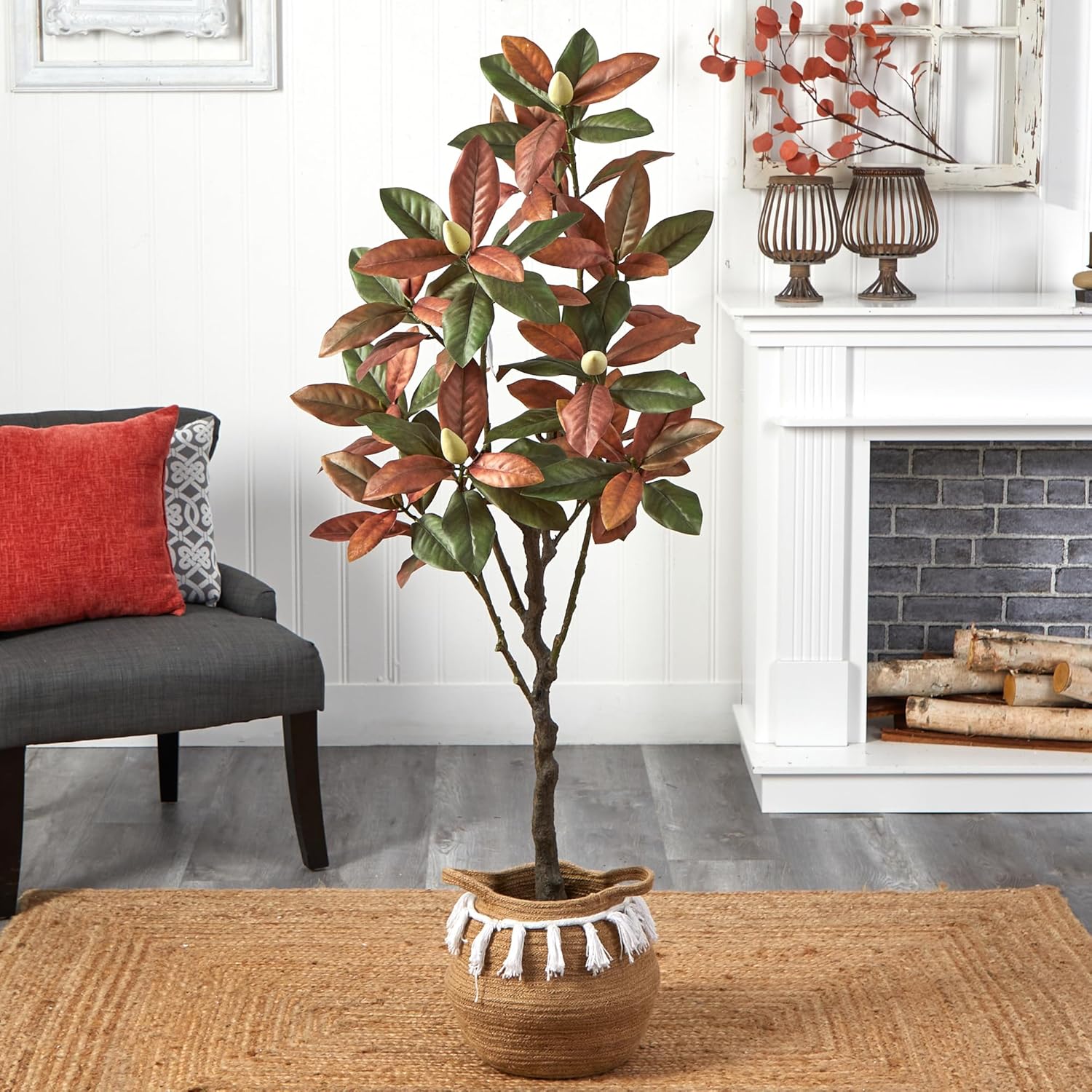 Nearly Natural 5ft Artificial Fall Magnolia Tree with Jute and Cotton Basket