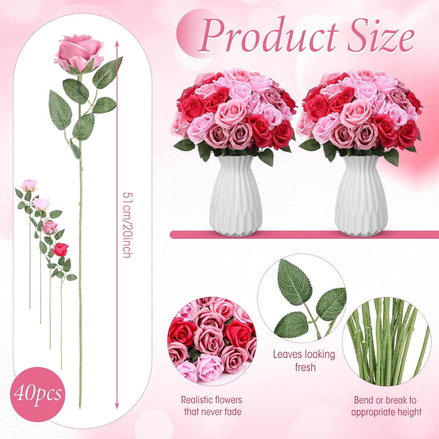 Hotop 40 Pcs Gradient Pink Silk Roses Bulk for Home Wedding Centerpieces