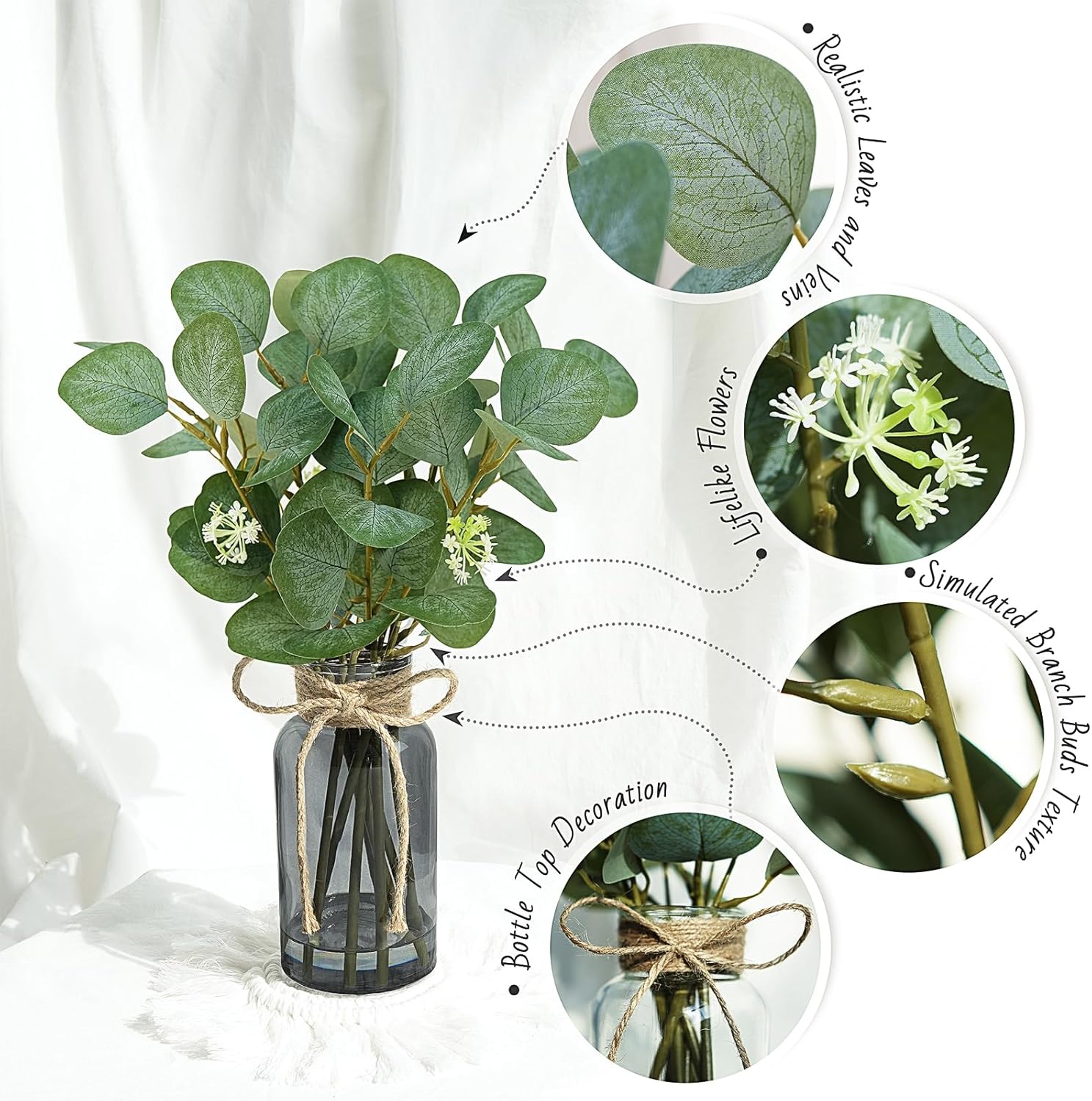 Artificial Eucalyptus Stems in Black Vase with Faux Water