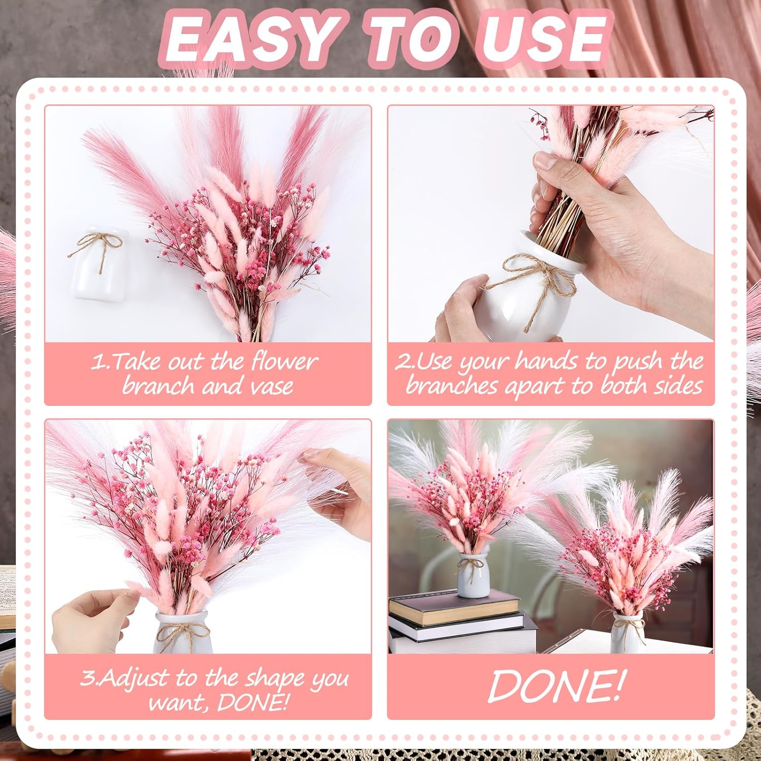 Geelin 2 Set Pink Flowers Artificial Faux Pampas Grass Bouquets with White Vase