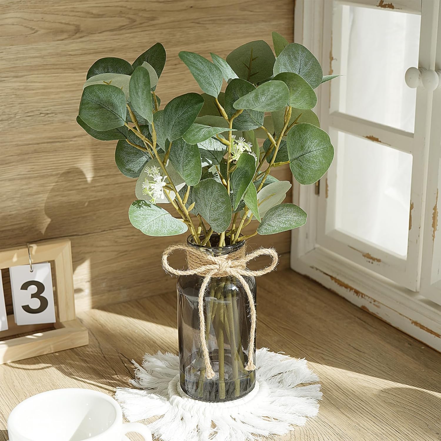 Artificial Eucalyptus Stems in Black Vase with Faux Water