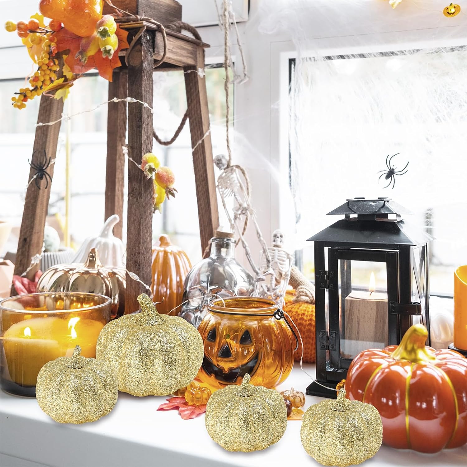 Winlyn 12 Pcs Champagne Glitter Artificial Pumpkins Fall Decor
