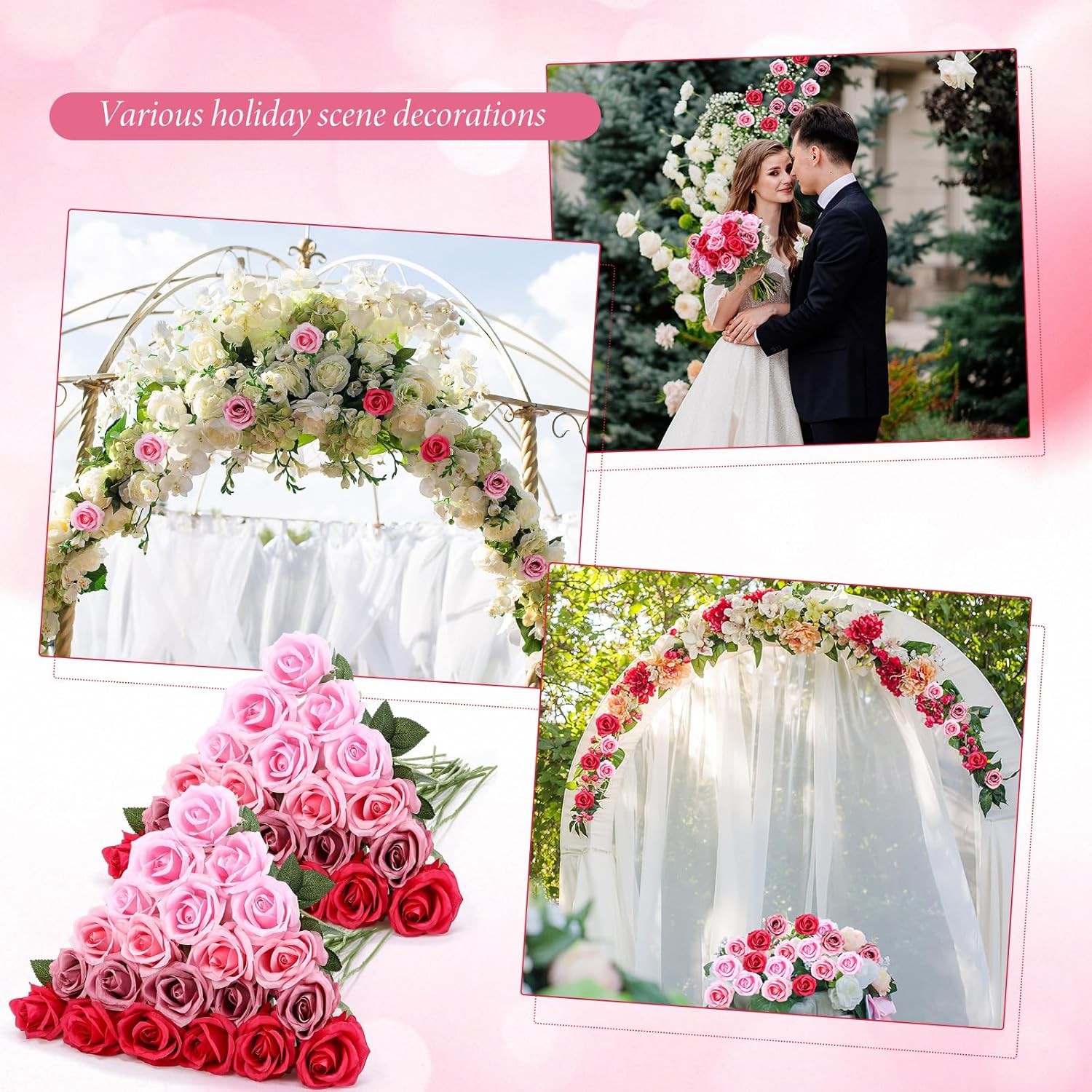 Hotop 40 Pcs Gradient Pink Silk Roses Bulk for Home Wedding Centerpieces