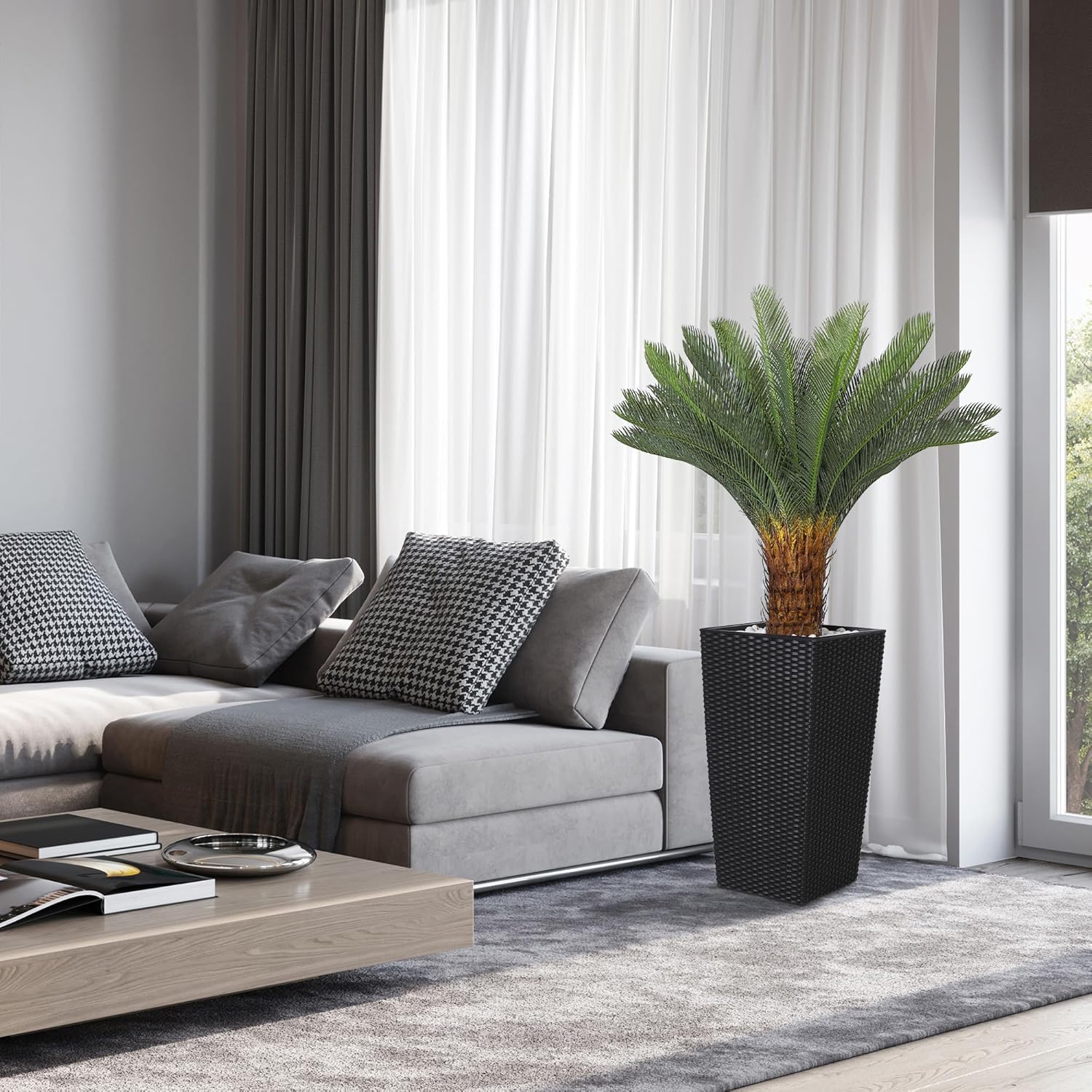 Jocoevol 4FT Artificial Cycas Tree with Planter and Decorative Rocks