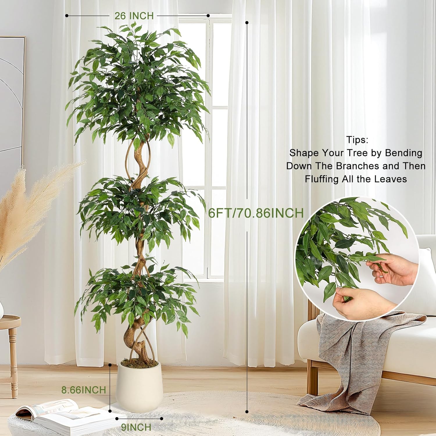 GarveeHome 6 Feet Ficus Artificial Tree with Curved Trunk