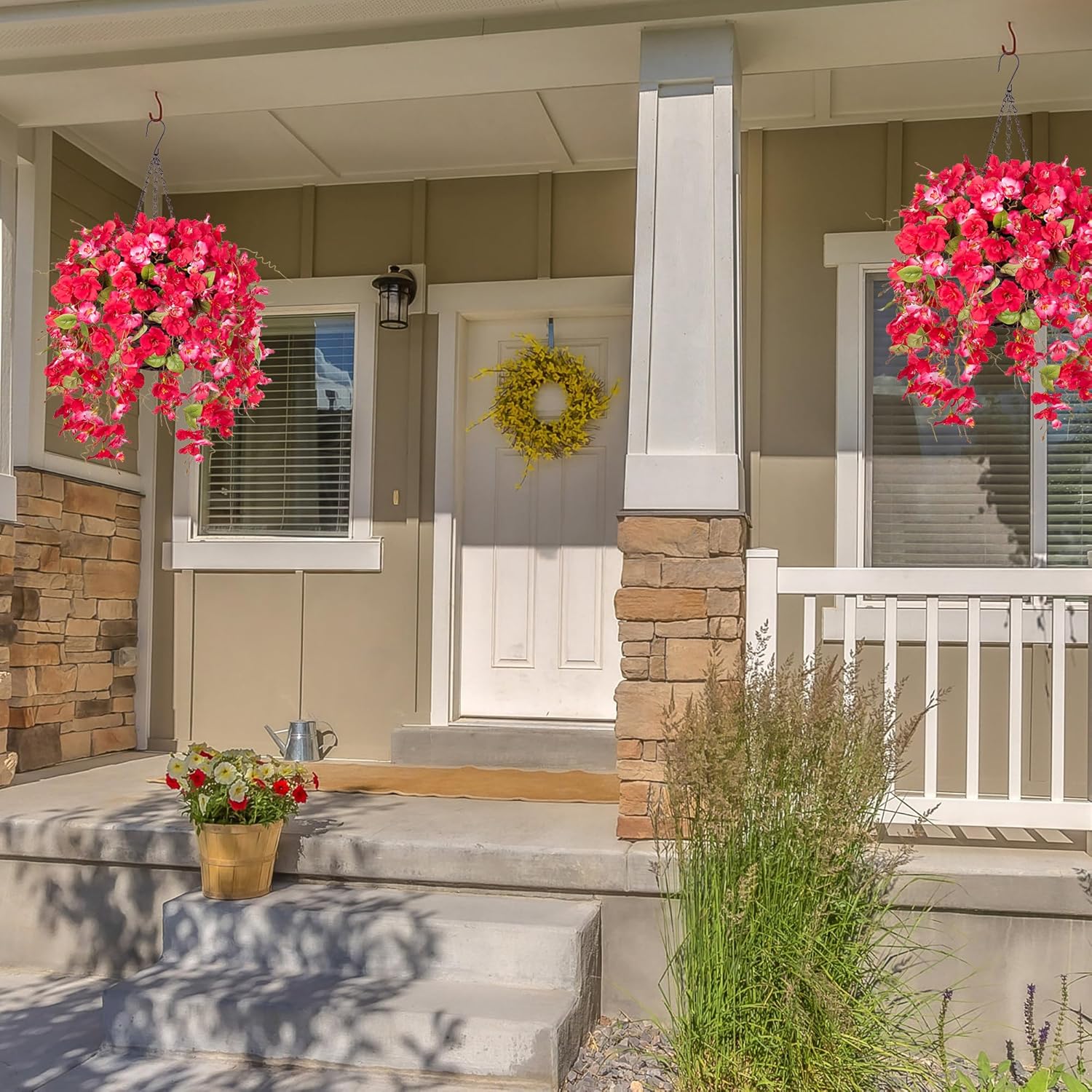 HyeFlora Fake Hanging Hibiscus Flower Basket RedPink