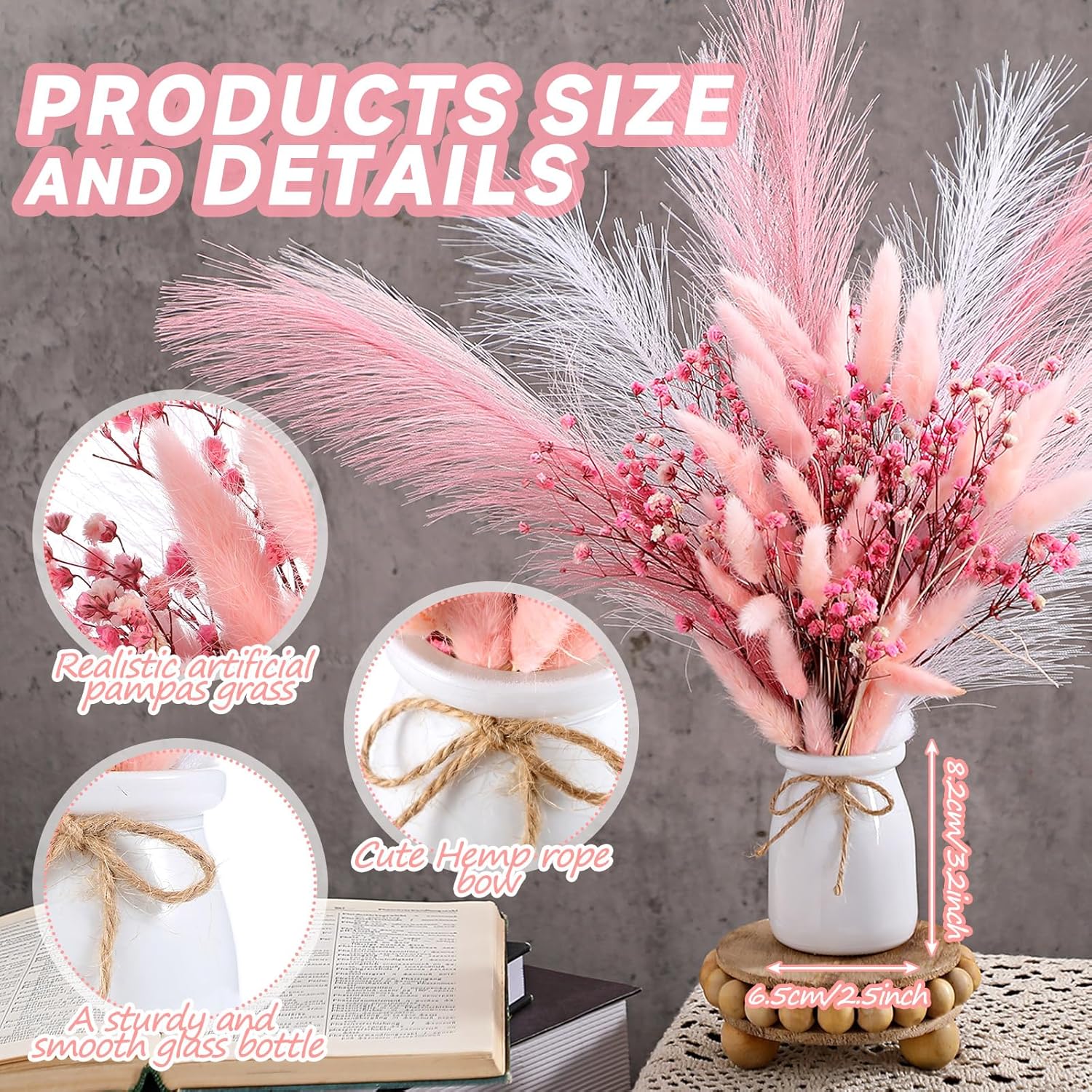 Geelin 2 Set Pink Flowers Artificial Faux Pampas Grass Bouquets with White Vase