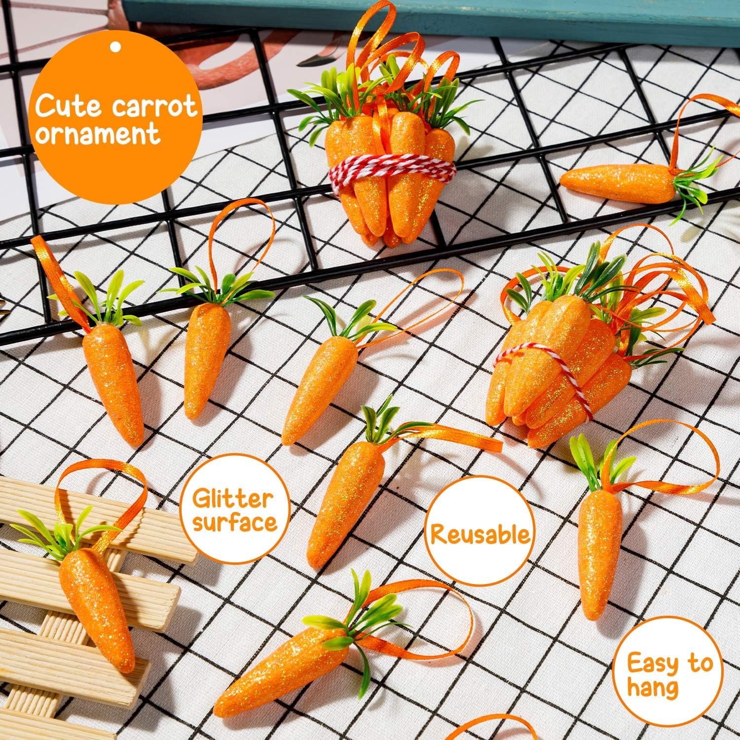 Easter Carrot Hanging Ornaments 12Pcs Glitter Artificial Carrots