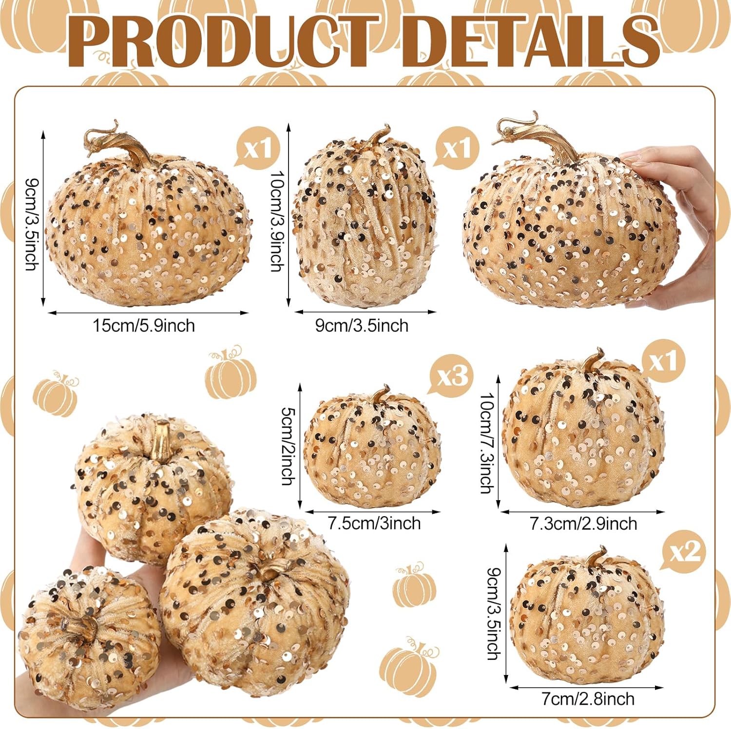 Beeveer 8 Pcs Glitter Velvet Pumpkin Decor Set