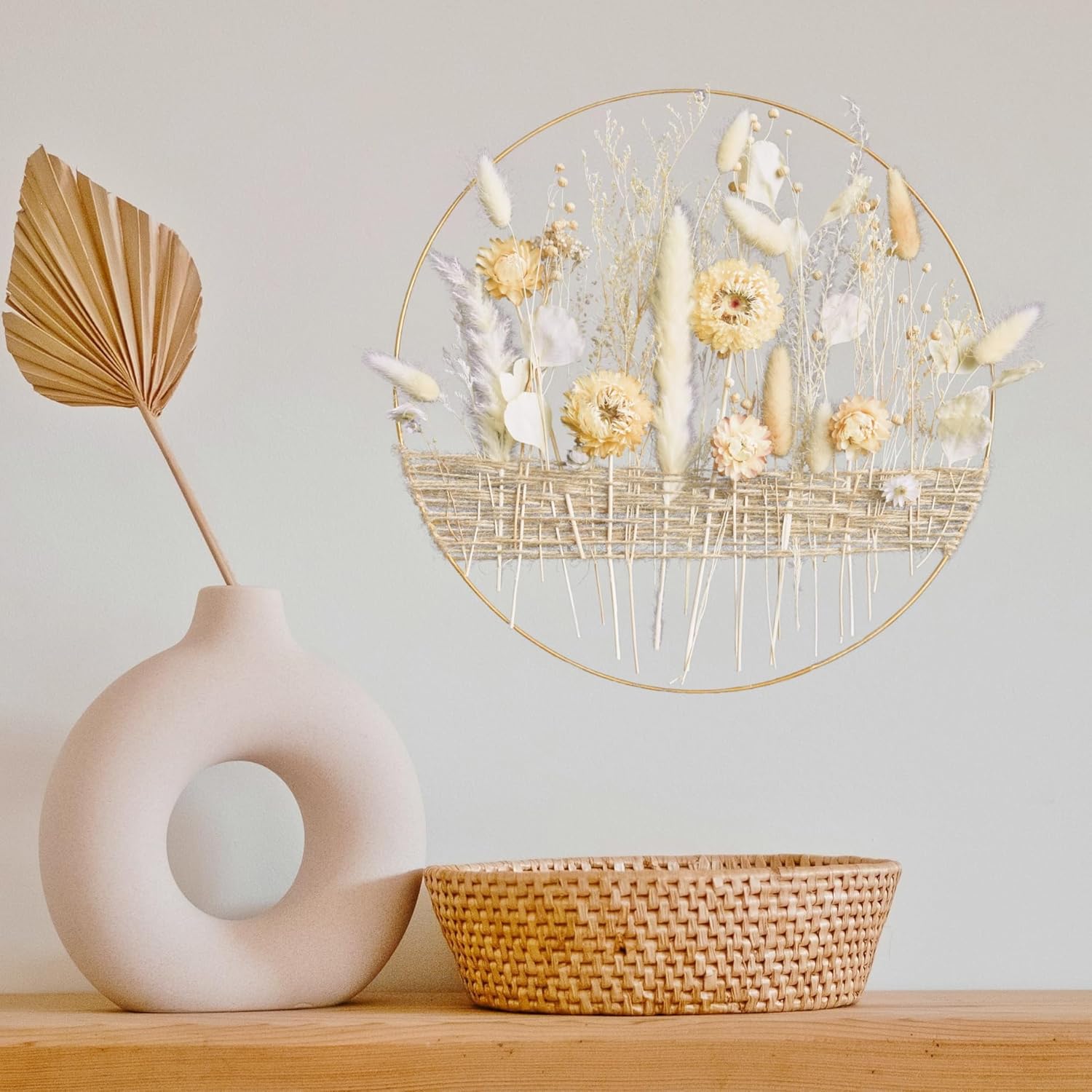 Boho Hoop with Earthy Beige Flowers for Natural Interiors