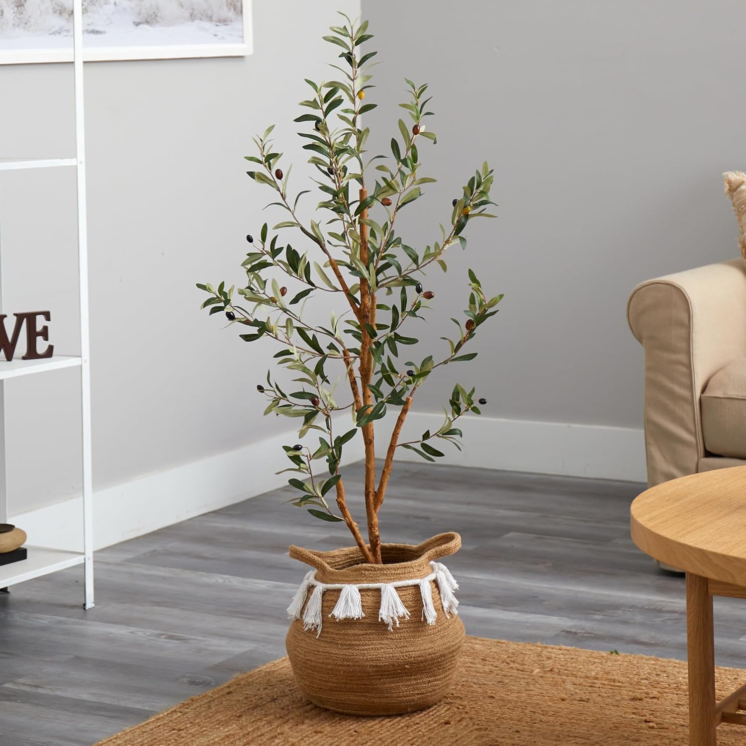 Nearly Natural 35ft Artificial Olive Tree with Jute Cotton Basket and Tassels