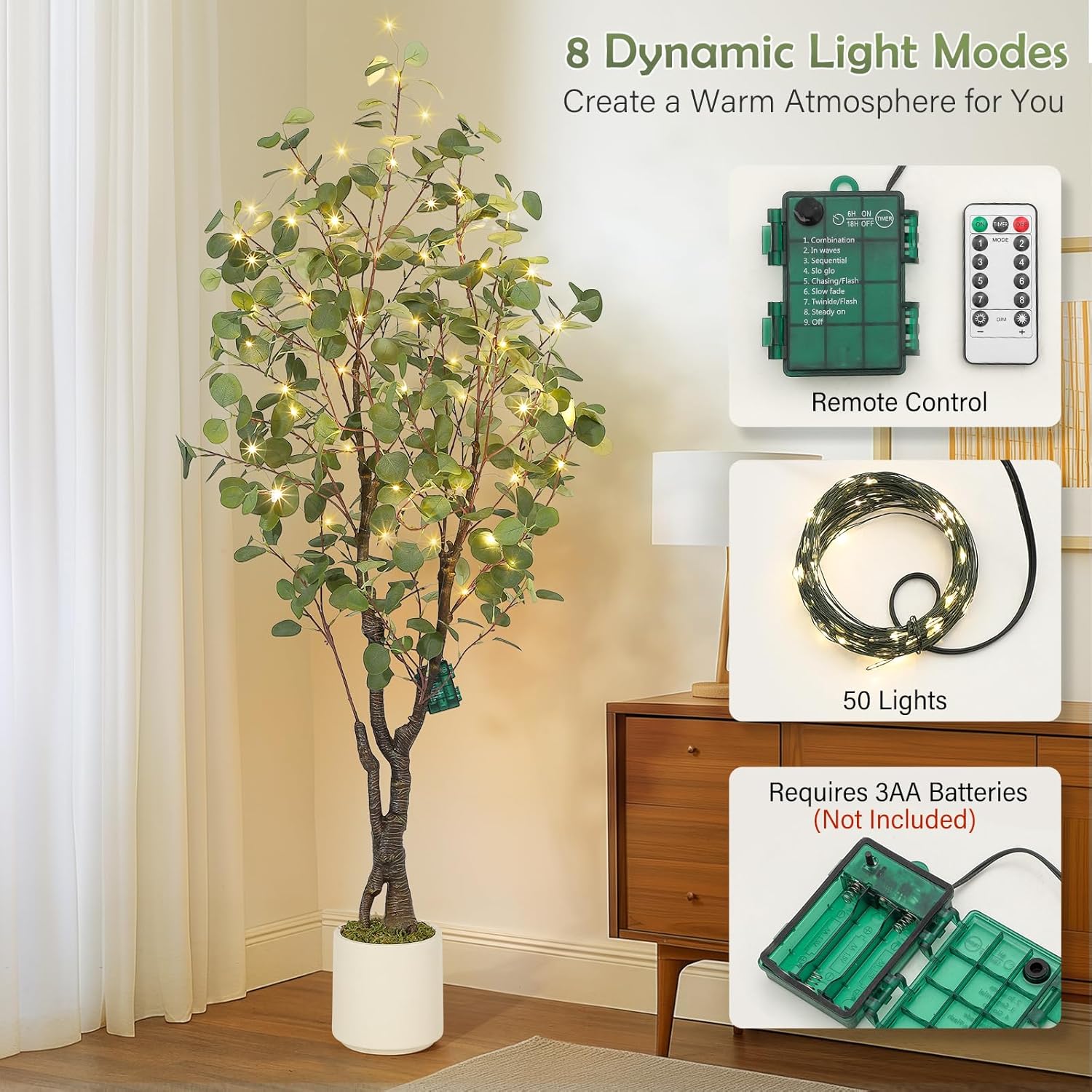 GarveeHome 5ft Artificial Eucalyptus Tree with White Planter and 50 LED Lights