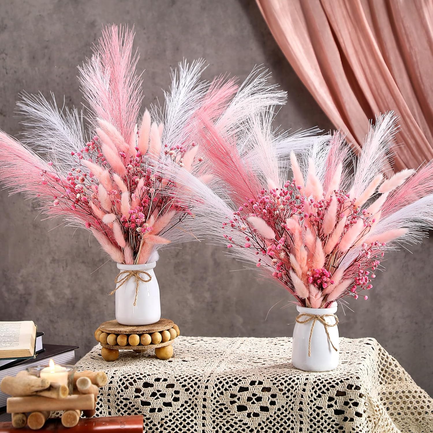 Geelin 2 Set Pink Flowers Artificial Faux Pampas Grass Bouquets with White Vase