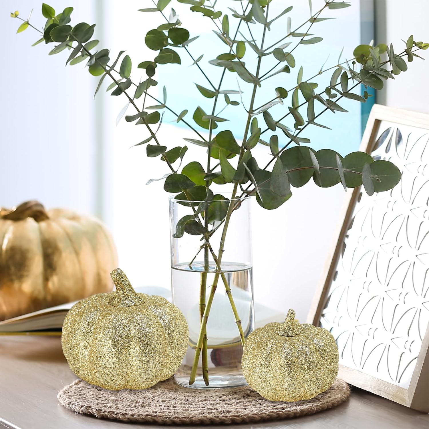 Winlyn 12 Pcs Champagne Glitter Artificial Pumpkins Fall Decor