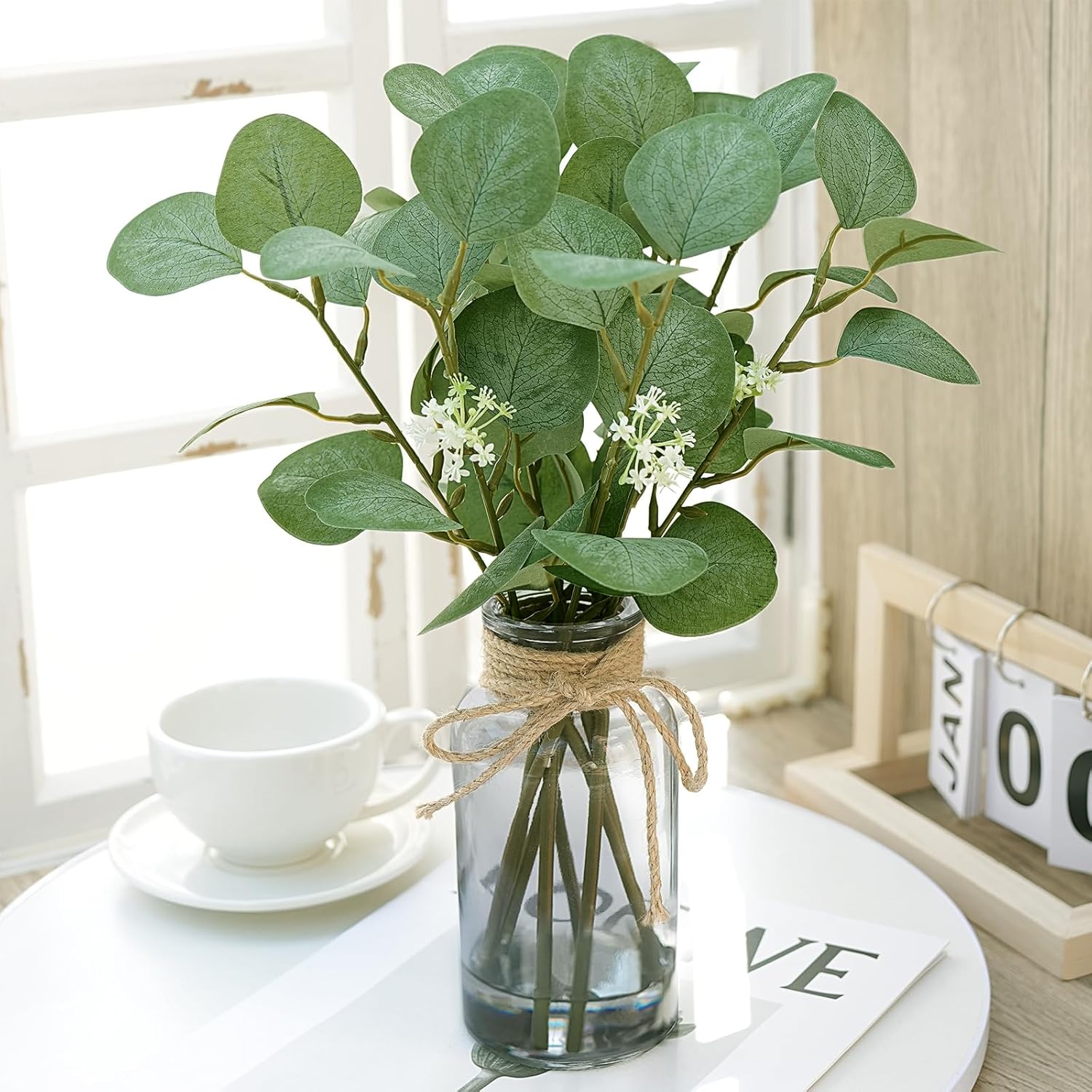 Artificial Eucalyptus Stems in Black Vase with Faux Water