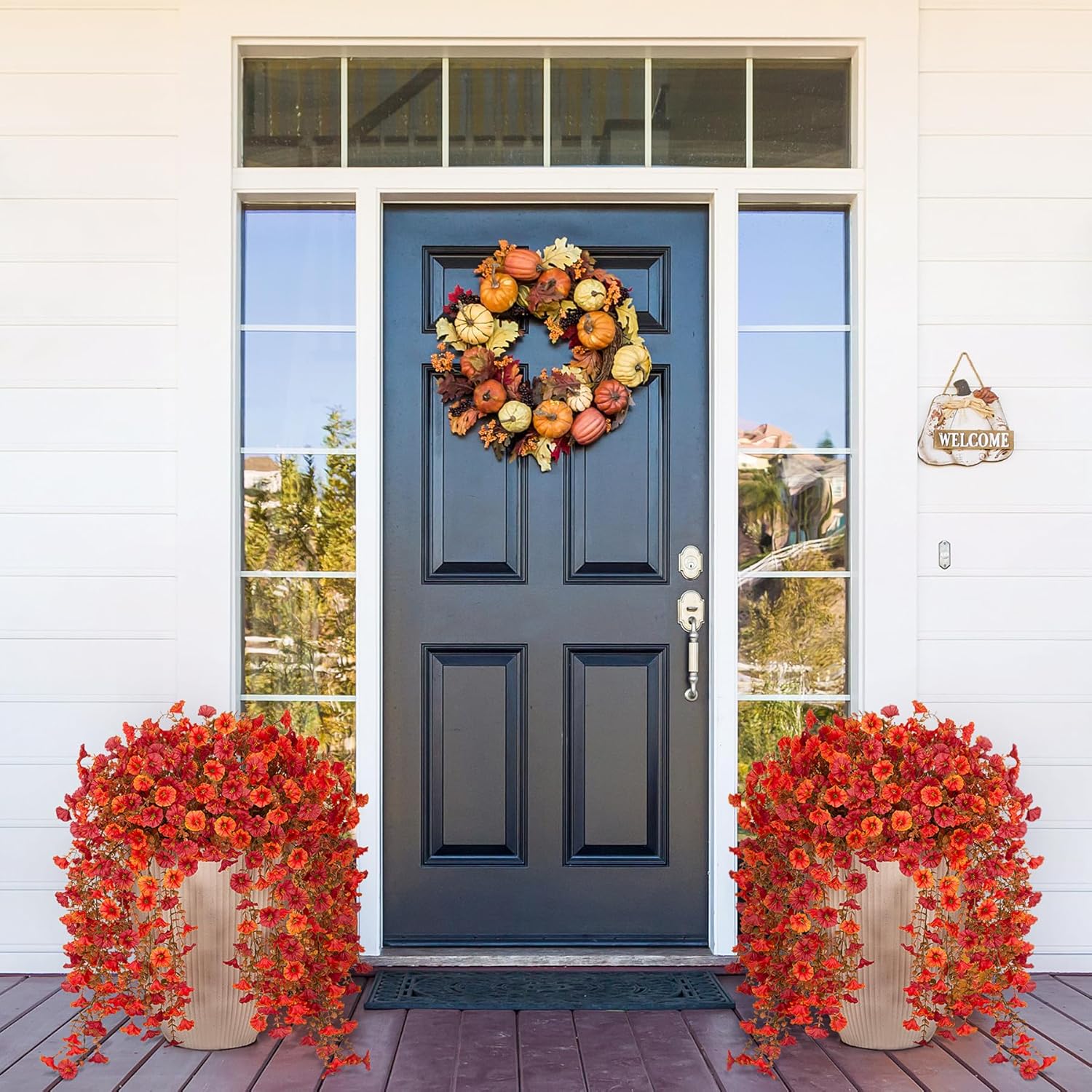 Artificial Fall Hanging Flowers 2pcs Orange Red