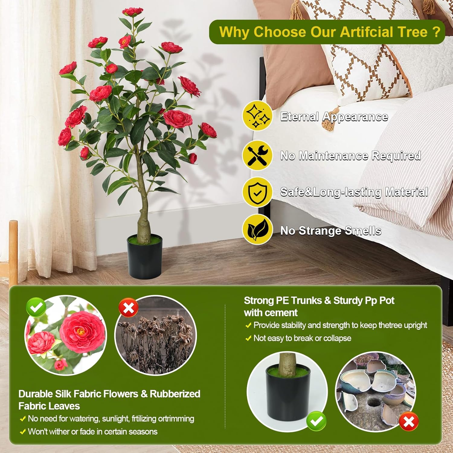 4ft Artificial Camellia Tree with White Silk Flowers - Set of 2