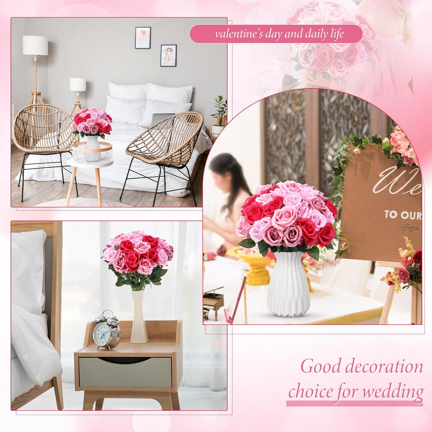 Hotop 40 Pcs Gradient Pink Silk Roses Bulk for Home Wedding Centerpieces