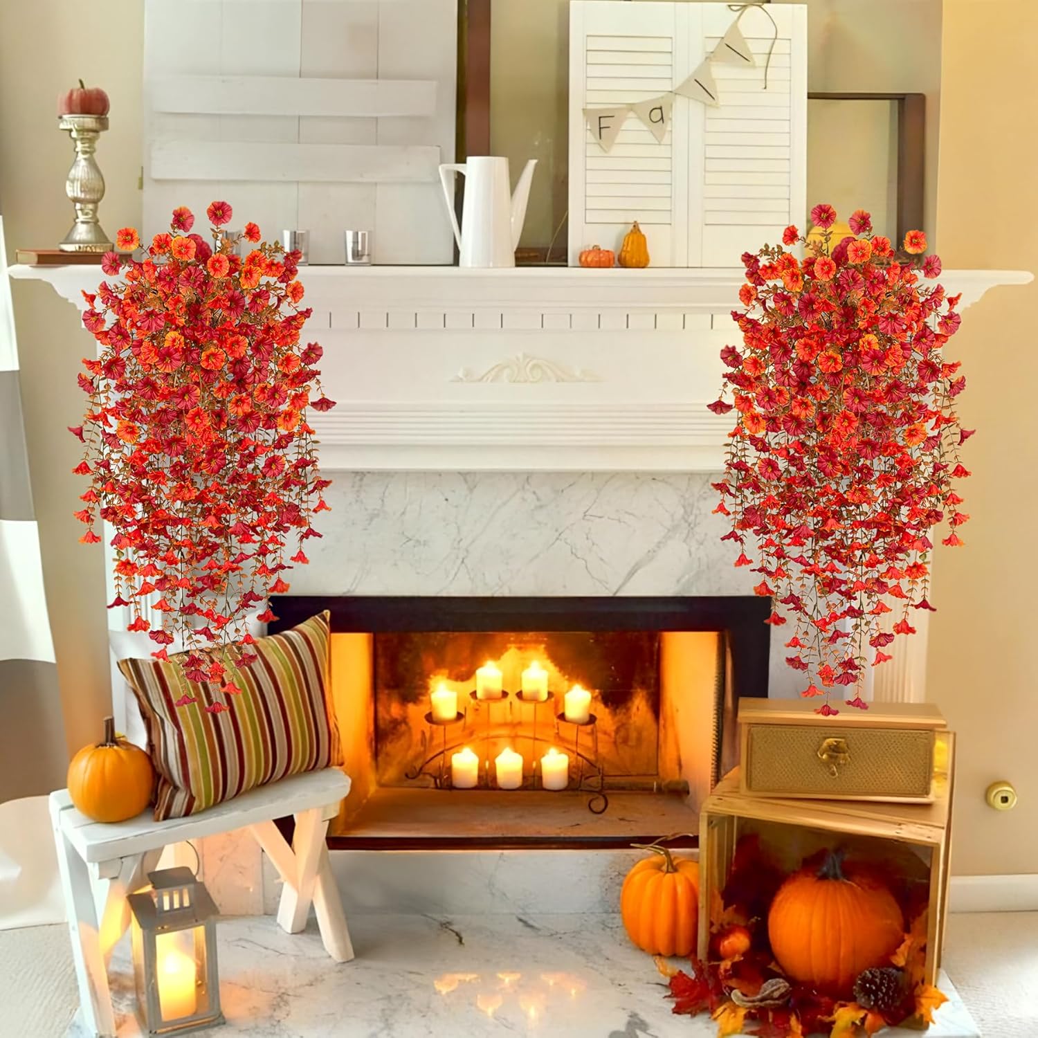 Artificial Fall Hanging Flowers 2pcs Orange Red